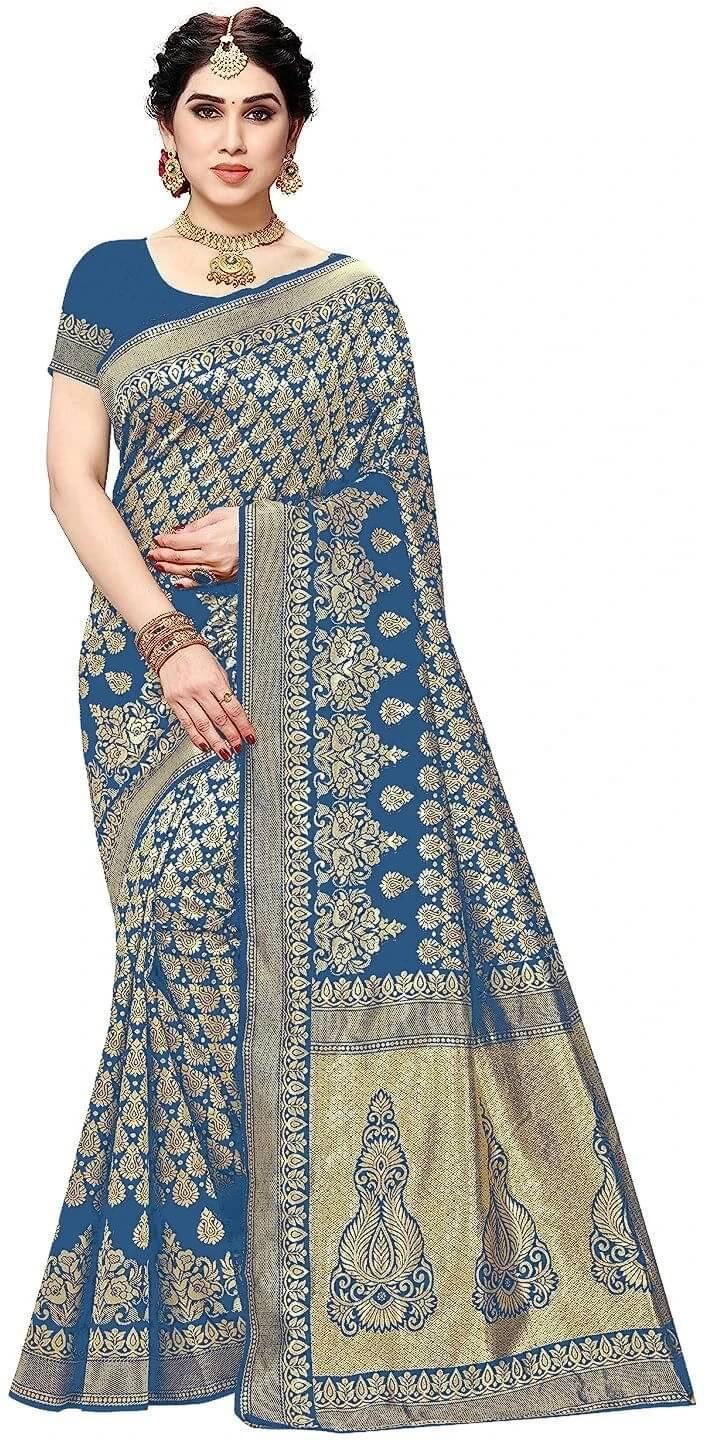     			Yashika Silk Blend Printed Banarasi saree With Unstitched Blouse Piece ( Blue )