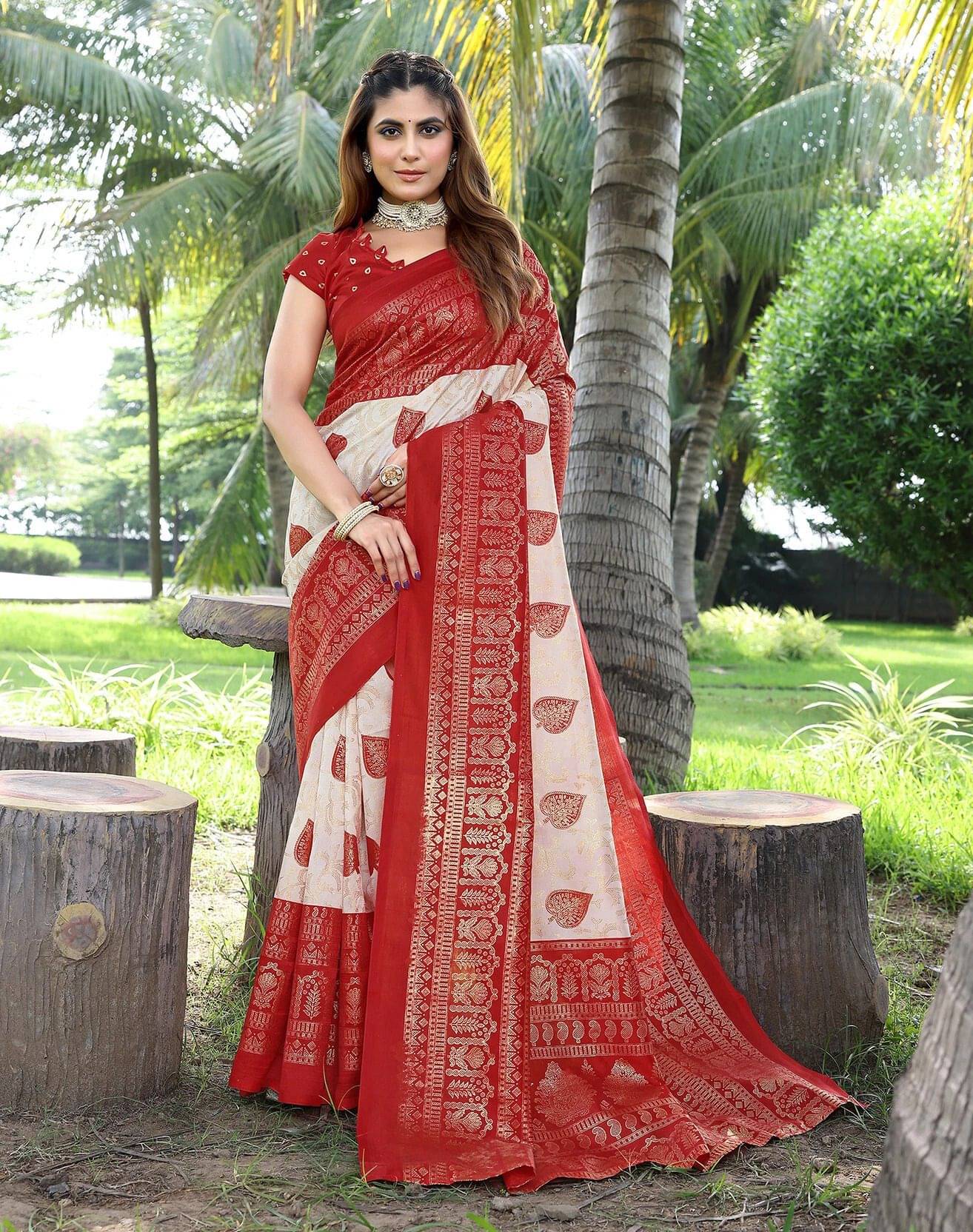 Yashika Silk Blend Printed Banarasi saree With Unstitched Blouse Piece ( Red )     			Yashika Silk Blend Printed Banarasi saree With Unstitched Blouse Piece ( Red )