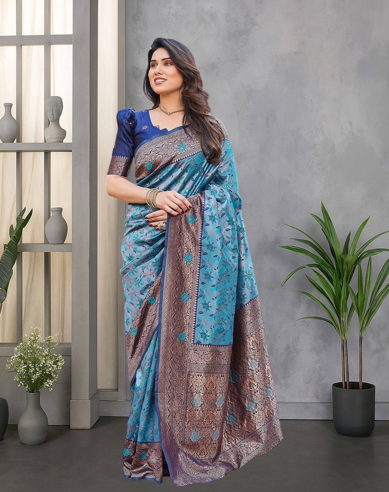    			Yashika Silk Blend Printed Kanjeevaram Sarees With Unstitched Blouse Piece ( Blue )