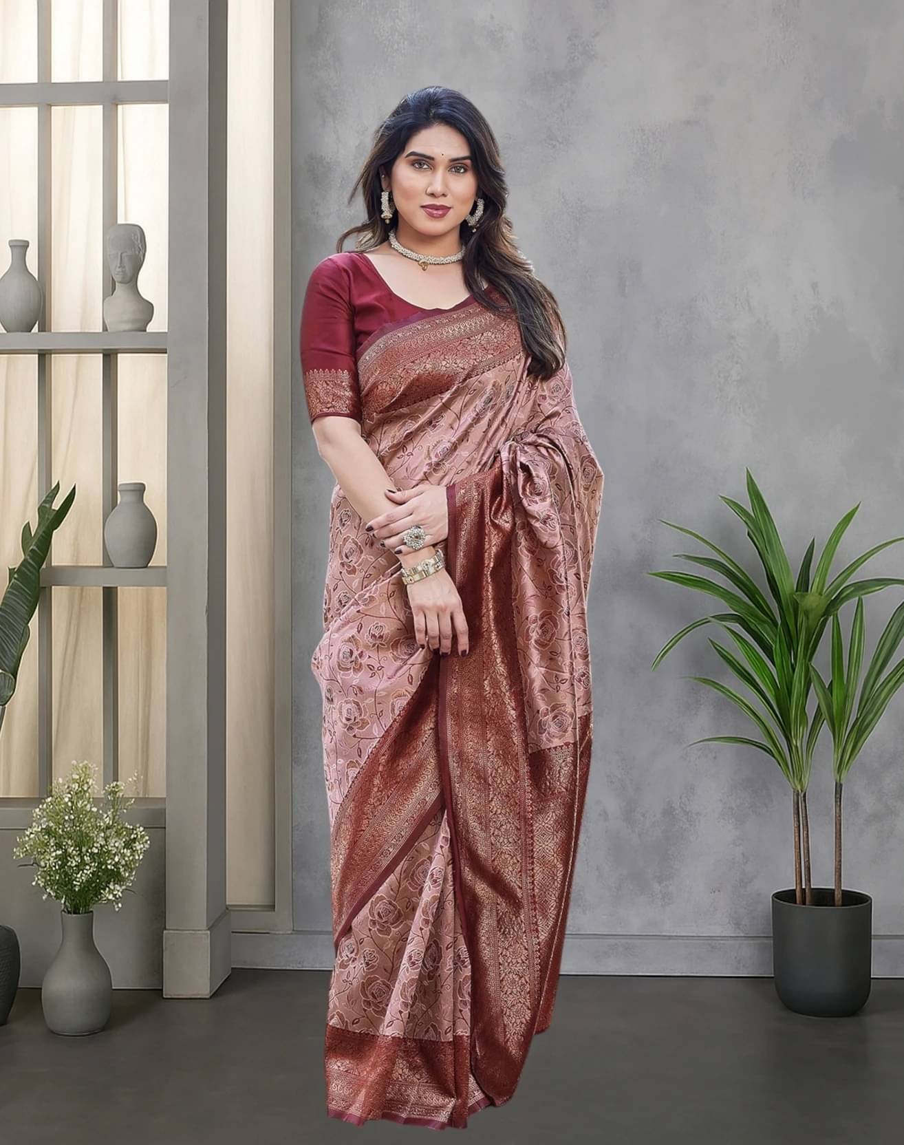     			Yashika Silk Blend Printed Kanjeevaram Sarees With Unstitched Blouse Piece ( Maroon )