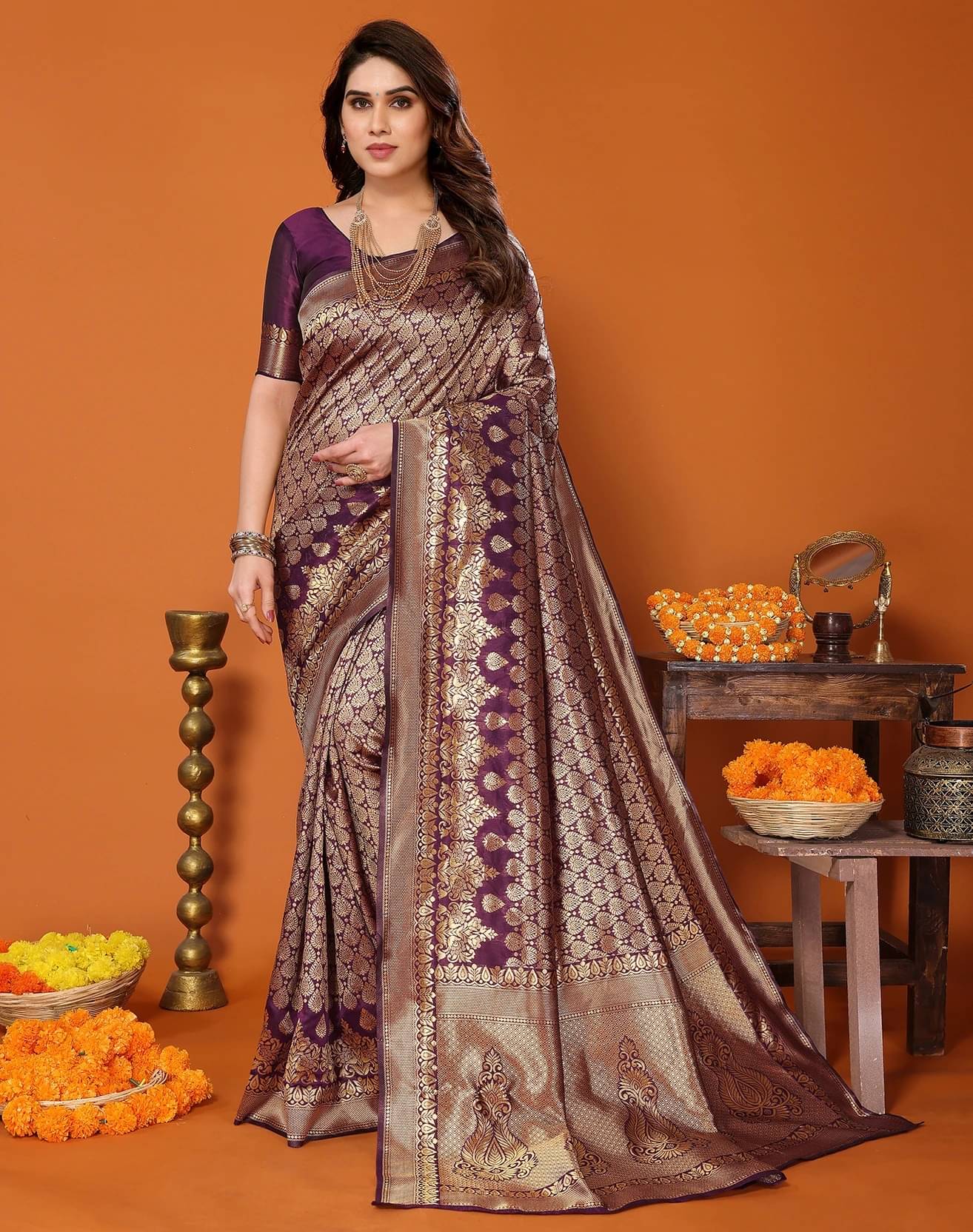     			Yashika Silk Blend Printed Kanjeevaram Sarees With Unstitched Blouse Piece ( Purple )