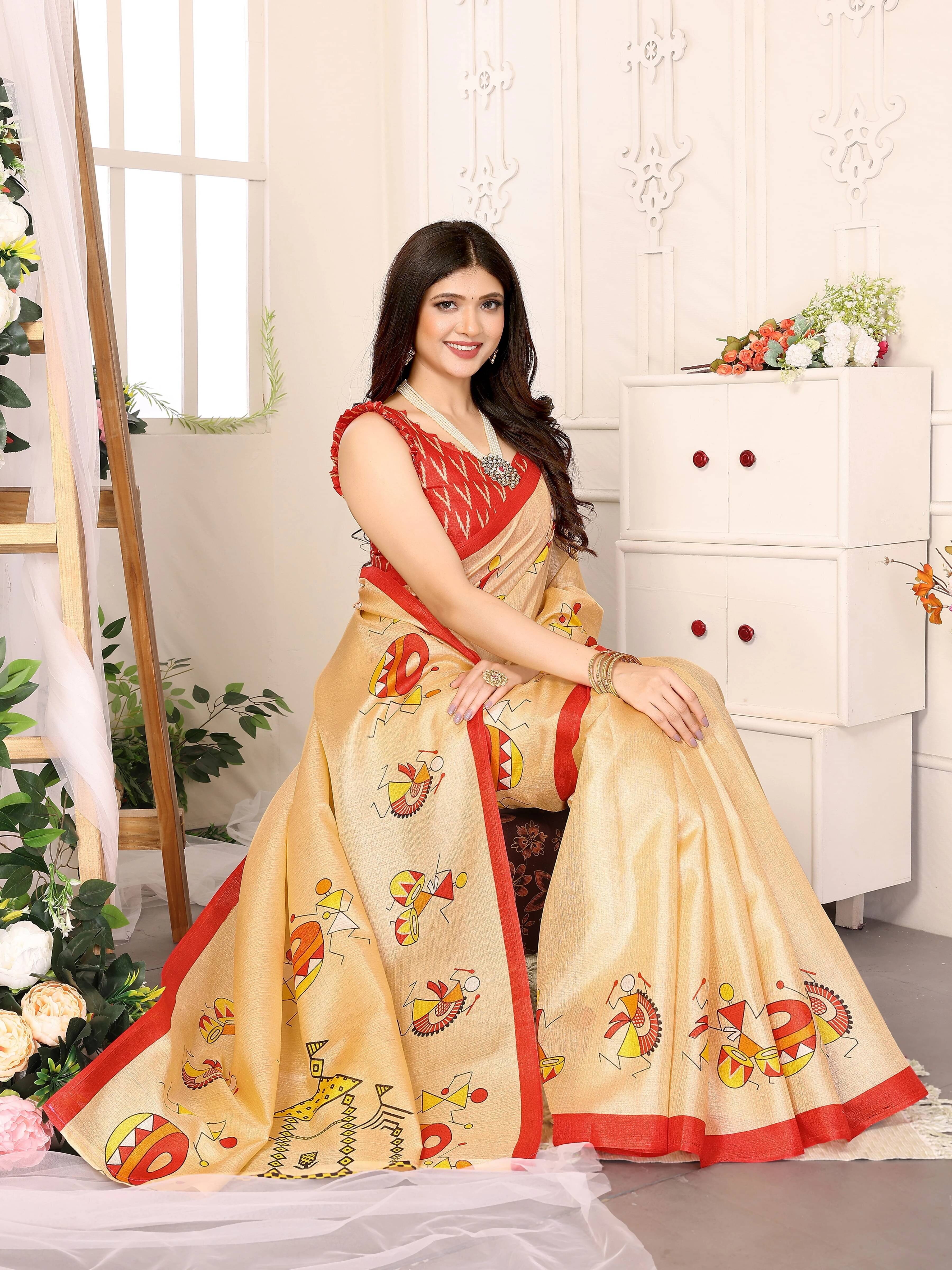 Yashika Silk Blend Printed Regular Saree With Unstitched Blouse Piece ( Gold ) Yashika Silk Blend Printed Regular Saree With Unstitched Blouse Piece ( Gold )