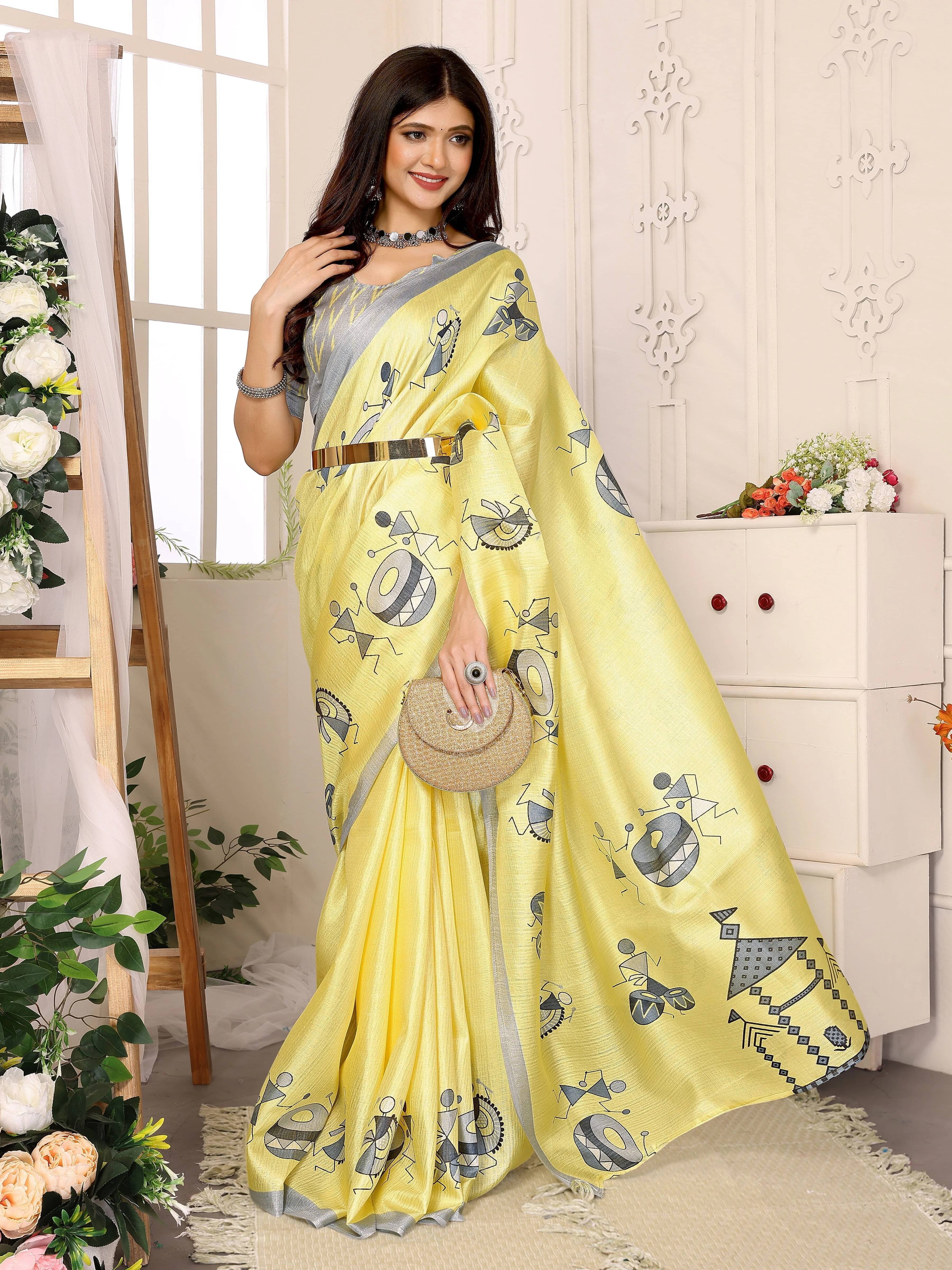 Yashika Silk Blend Printed Regular Saree With Unstitched Blouse Piece ( Yellow ) Yashika Silk Blend Printed Regular Saree With Unstitched Blouse Piece ( Yellow )