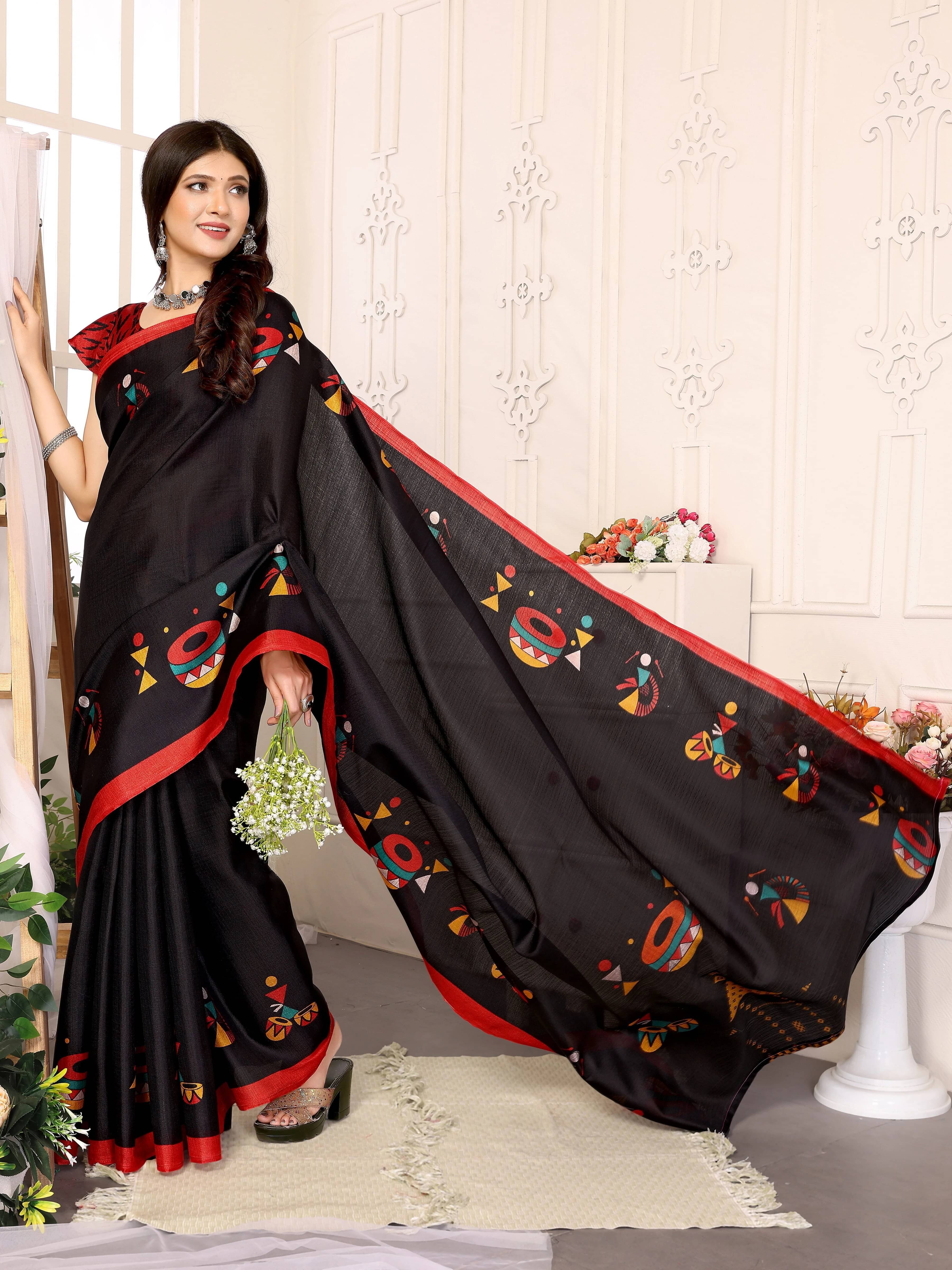 Yashika Silk Blend Printed Regular Saree With Unstitched Blouse Piece ( Black ) Yashika Silk Blend Printed Regular Saree With Unstitched Blouse Piece ( Black )