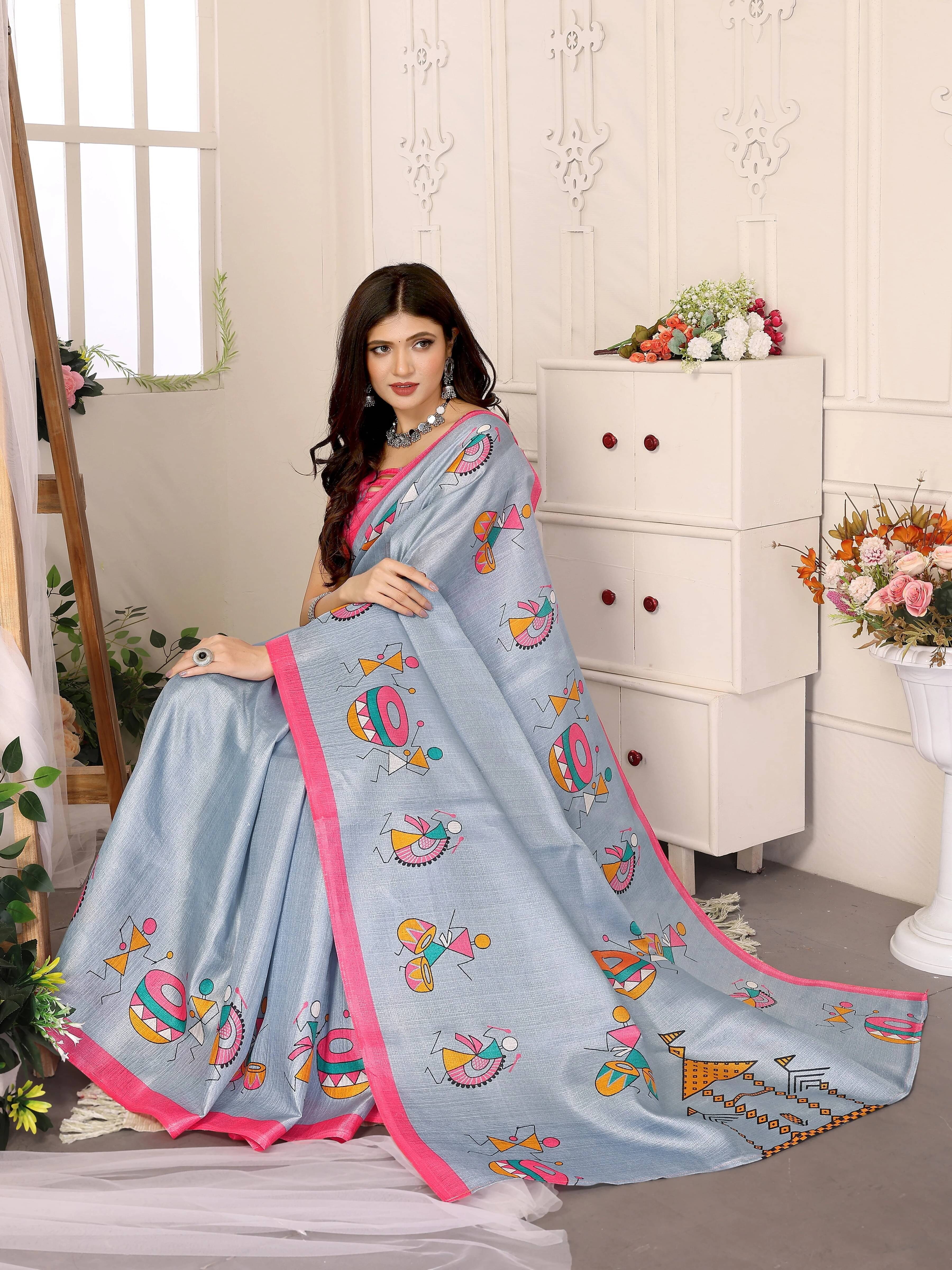     			Yashika Silk Blend Printed Regular Saree With Unstitched Blouse Piece ( Grey )