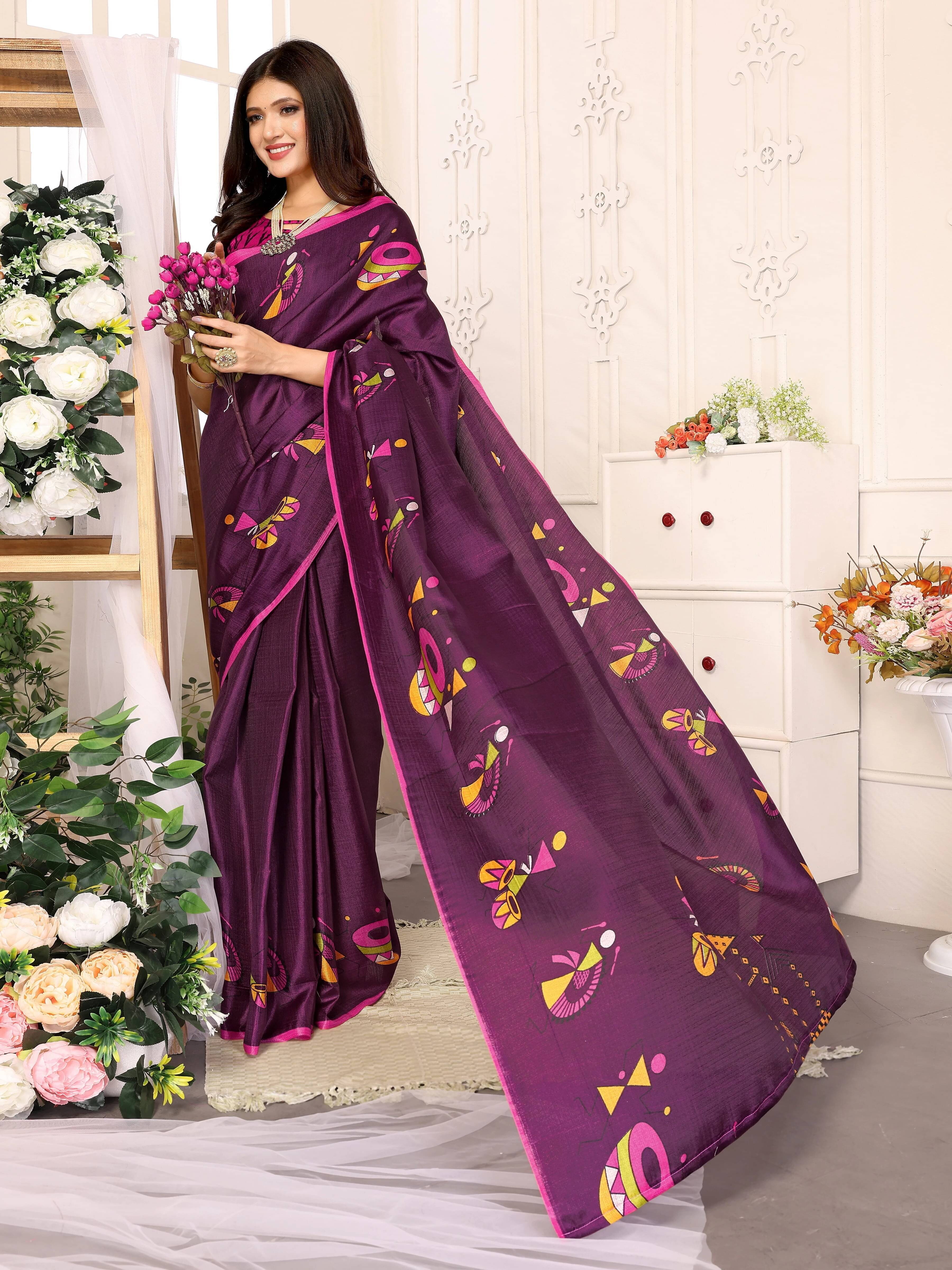     			Yashika Silk Blend Printed Regular Saree With Unstitched Blouse Piece ( Purple )