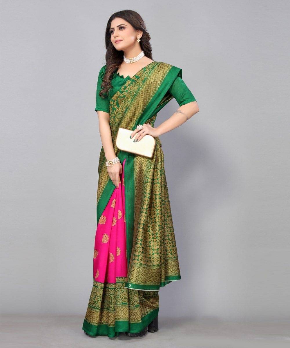     			Yashika Silk Blend Printed Regular Saree With Unstitched Blouse Piece ( Pink )