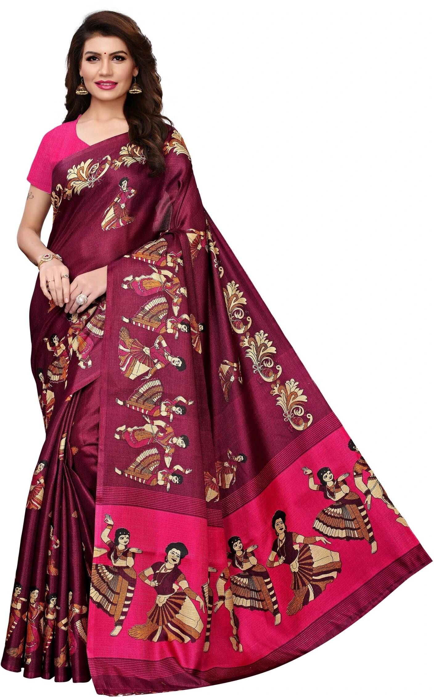     			Yashika Silk Blend Printed Regular Saree With Unstitched Blouse Piece ( Maroon )