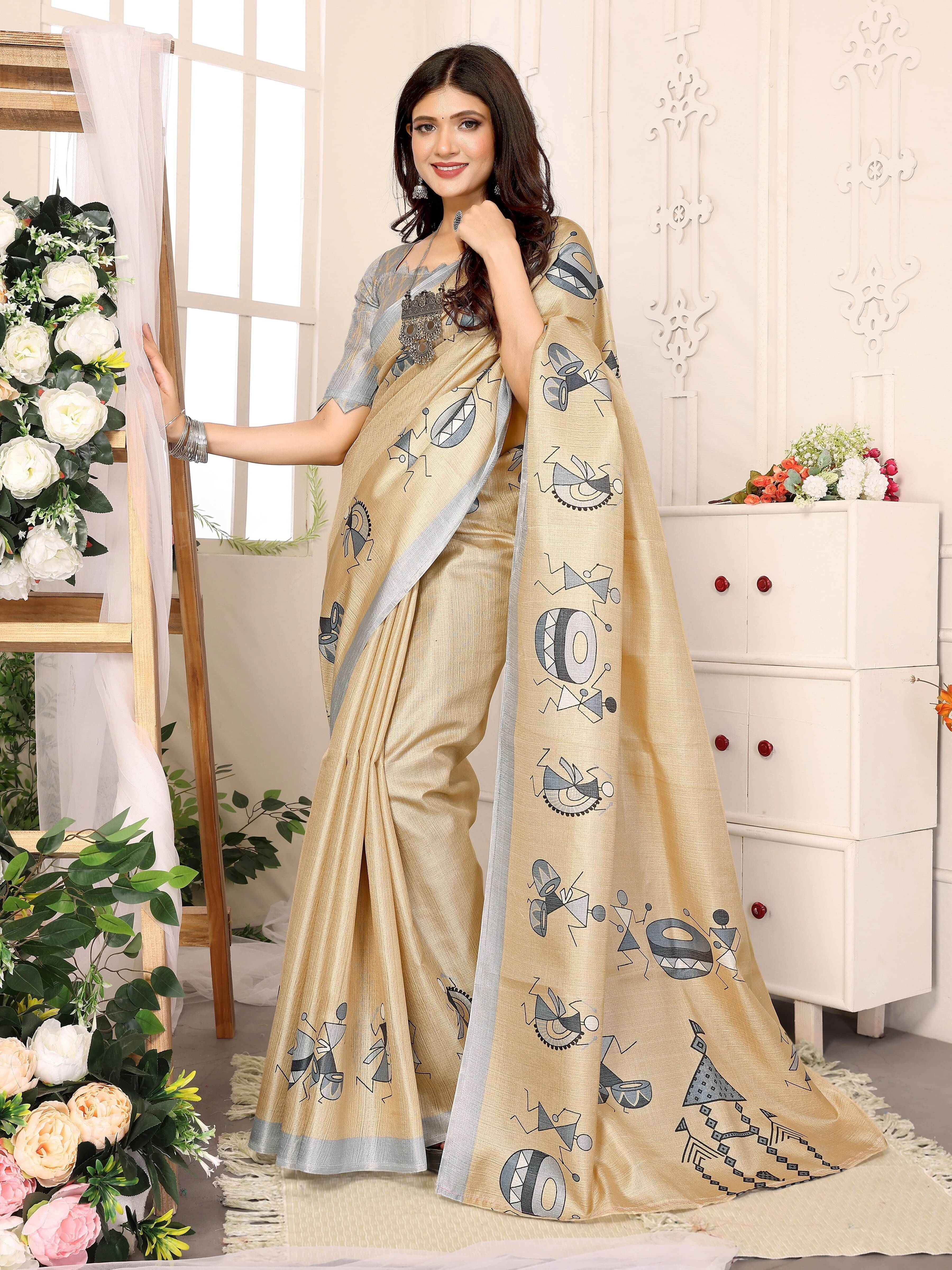     			Yashika Silk Blend Printed Regular Saree With Unstitched Blouse Piece ( Cream )