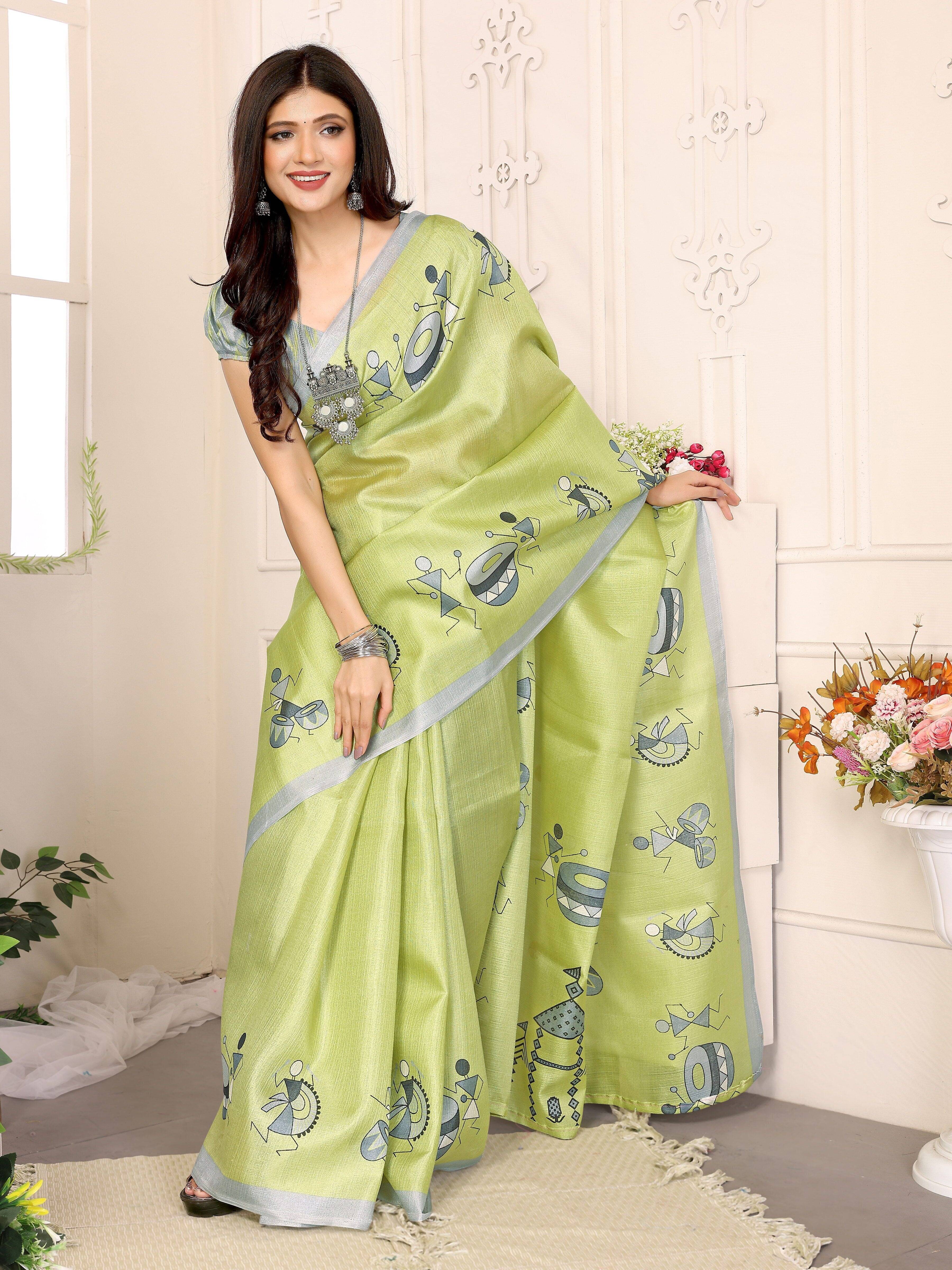 Yashika Silk Blend Printed Regular Saree With Unstitched Blouse Piece ( Green )     			Yashika Silk Blend Printed Regular Saree With Unstitched Blouse Piece ( Green )