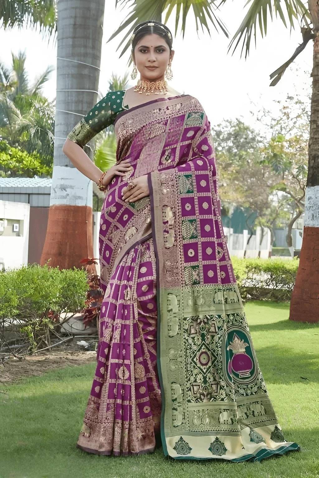     			Yashika Silk Blend Self Design Kanjeevaram Sarees With Unstitched Blouse Piece ( Purple )