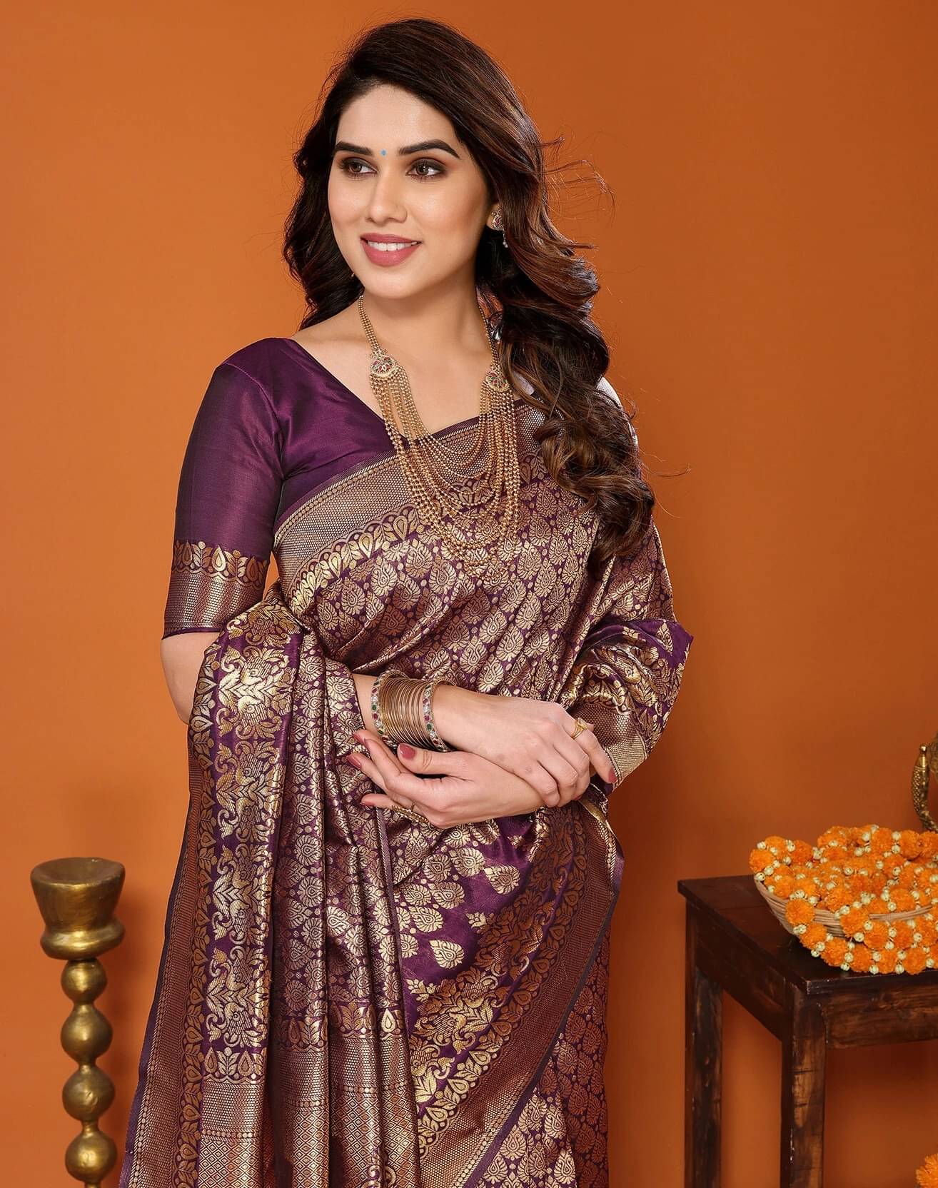     			Yashika Silk Blend Self Design Kanjeevaram Sarees With Unstitched Blouse Piece ( Purple )