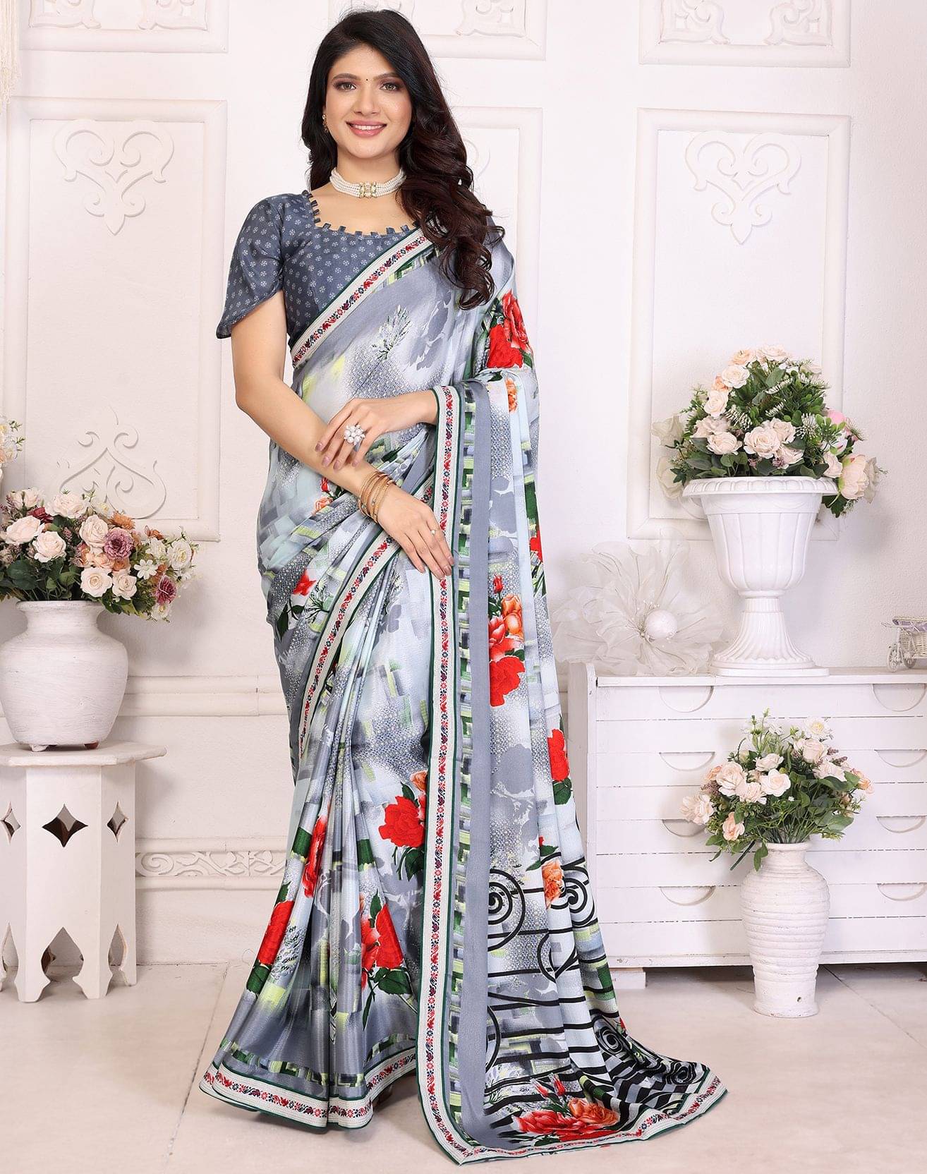     			Yashika Silk Printed Regular Saree With Unstitched Blouse Piece ( Grey )
