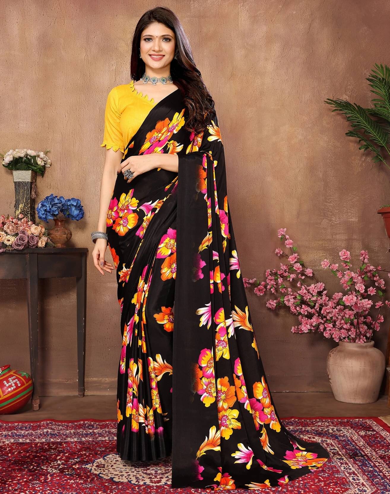     			Yashika Silk Printed Regular Saree With Unstitched Blouse Piece ( Orange )