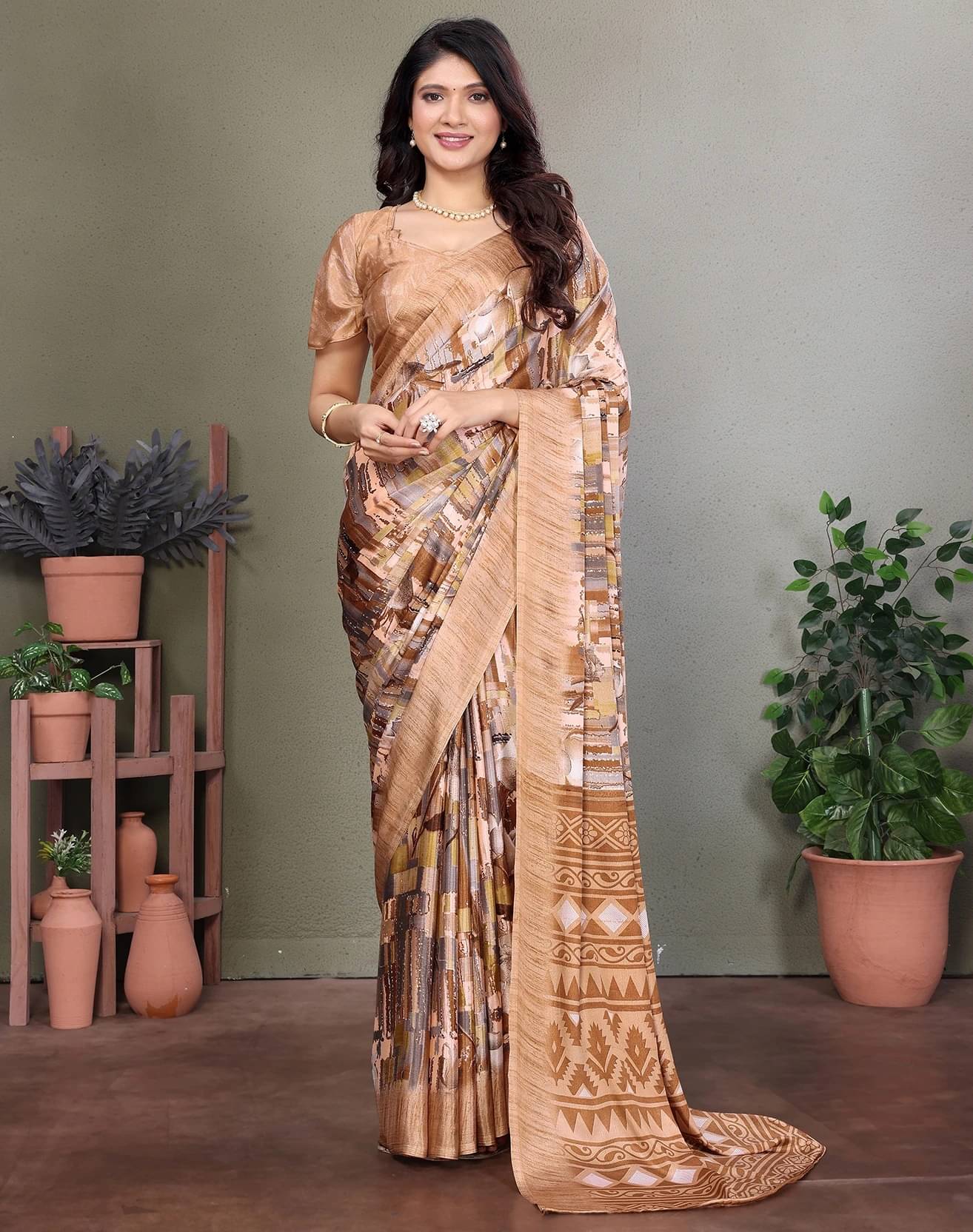 Yashika Silk Printed Regular Saree With Unstitched Blouse Piece ( Brown ) Yashika Silk Printed Regular Saree With Unstitched Blouse Piece ( Brown )