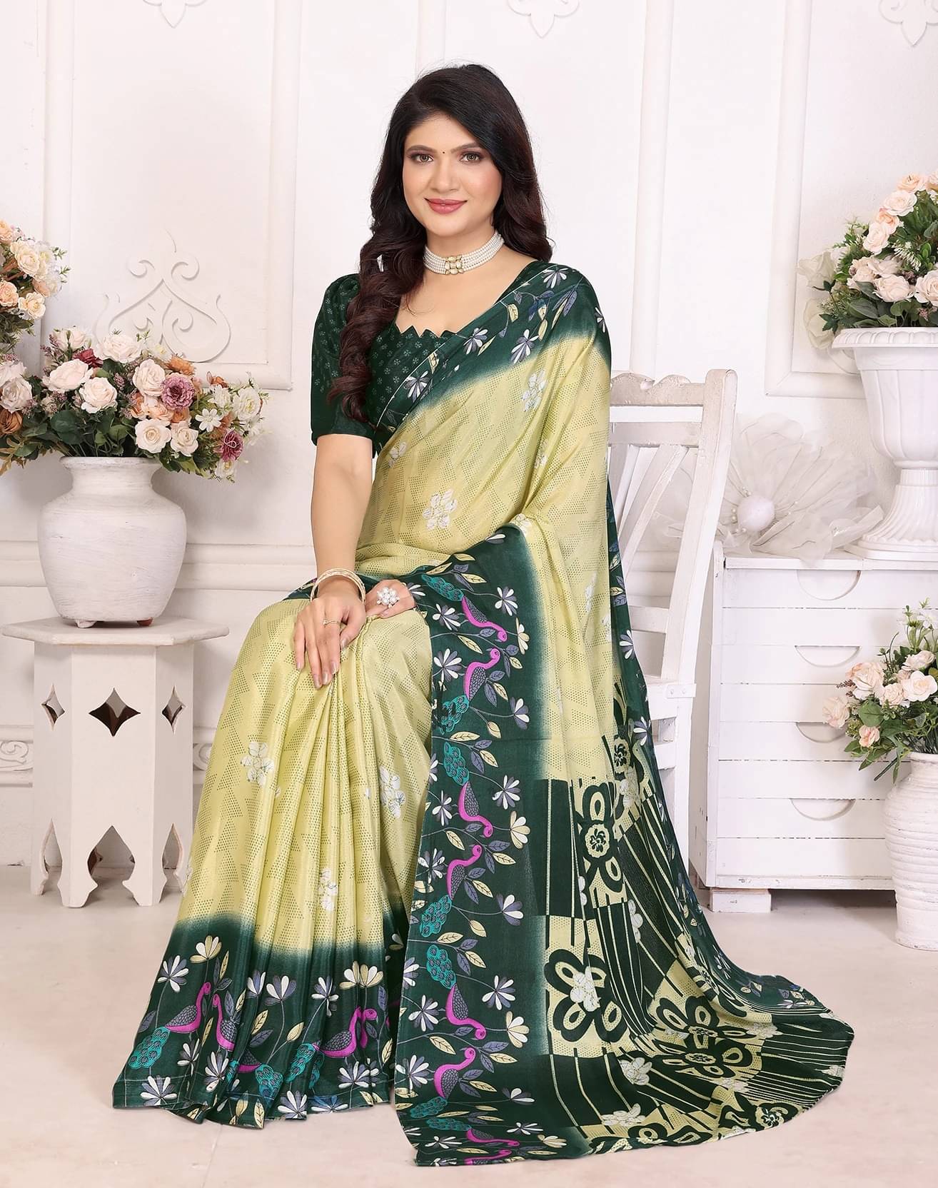     			Yashika Silk Printed Regular Saree With Unstitched Blouse Piece ( Green )
