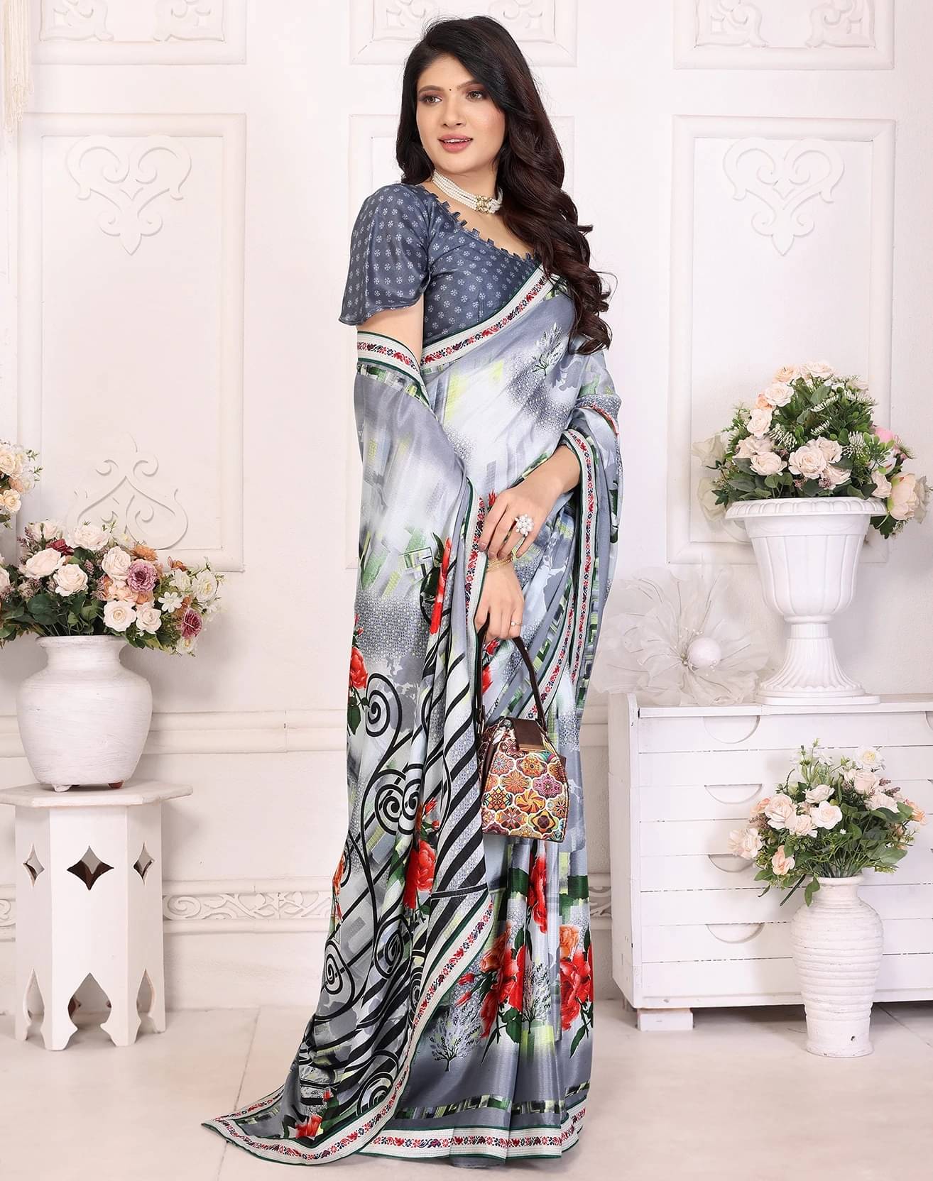 Yashika Silk Printed Regular Saree With Unstitched Blouse Piece ( Grey ) Yashika Silk Printed Regular Saree With Unstitched Blouse Piece ( Grey )
