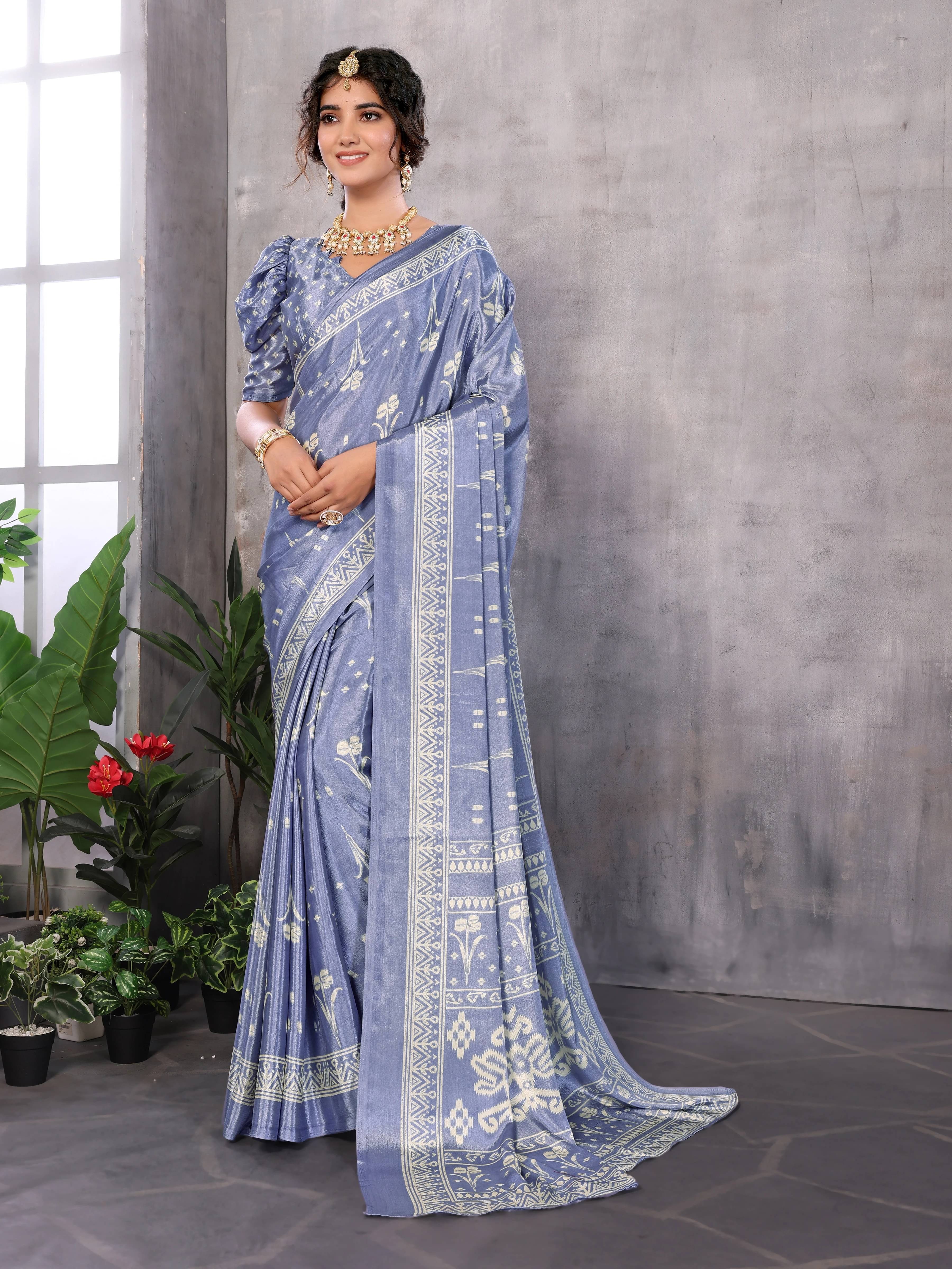     			Yashika Silk Printed Regular Saree With Unstitched Blouse Piece ( Grey )