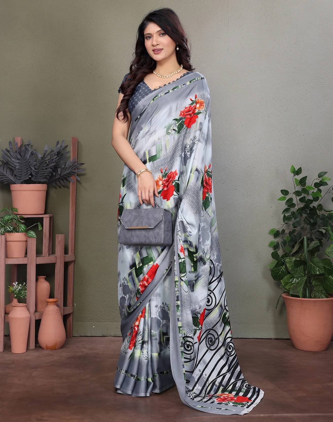 Yashika Silk Printed Regular Saree With Unstitched Blouse Piece ( Grey )     			Yashika Silk Printed Regular Saree With Unstitched Blouse Piece ( Grey )
