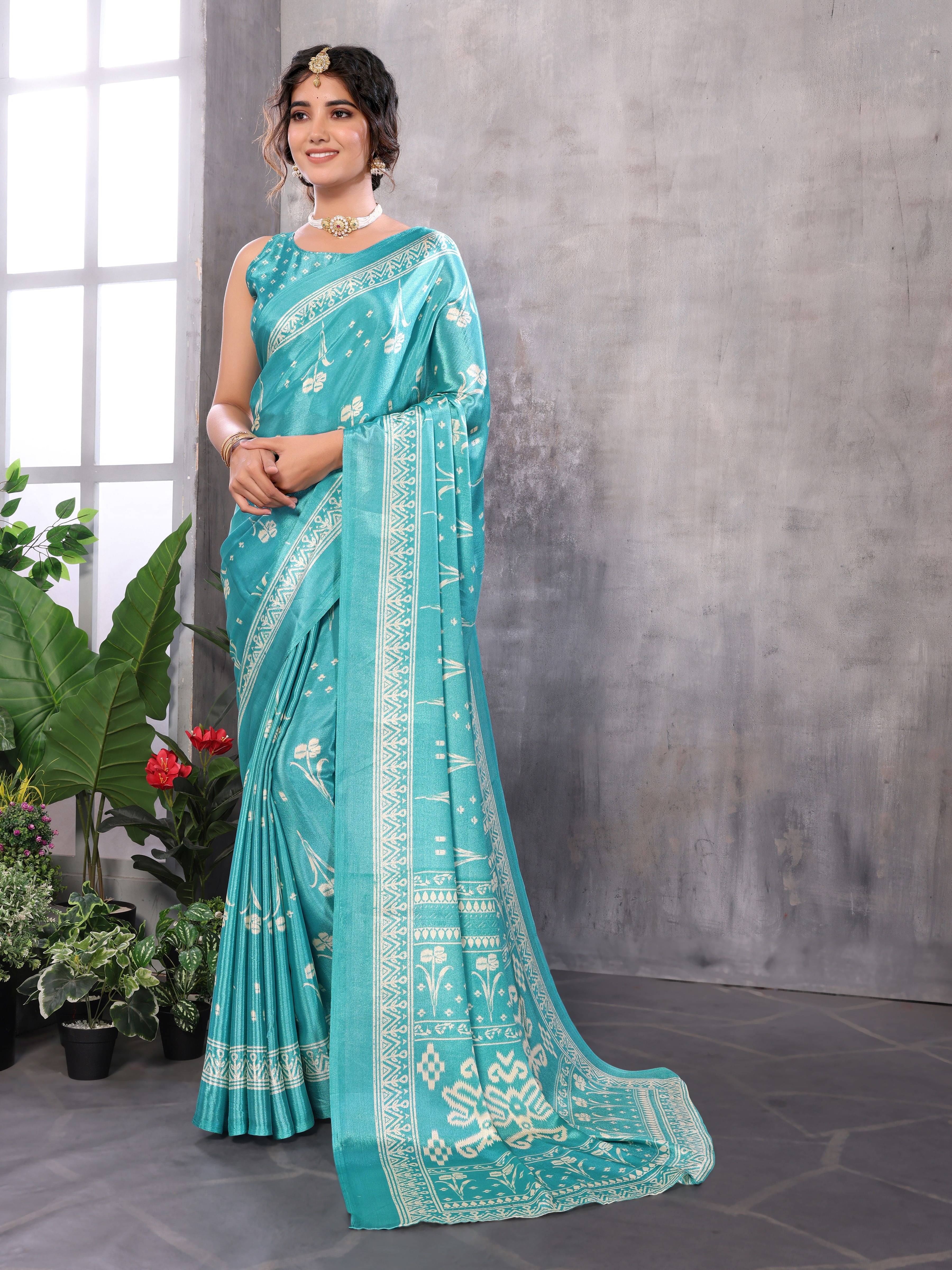 Yashika Silk Printed Regular Saree With Unstitched Blouse Piece ( Blue ) Yashika Silk Printed Regular Saree With Unstitched Blouse Piece ( Blue )