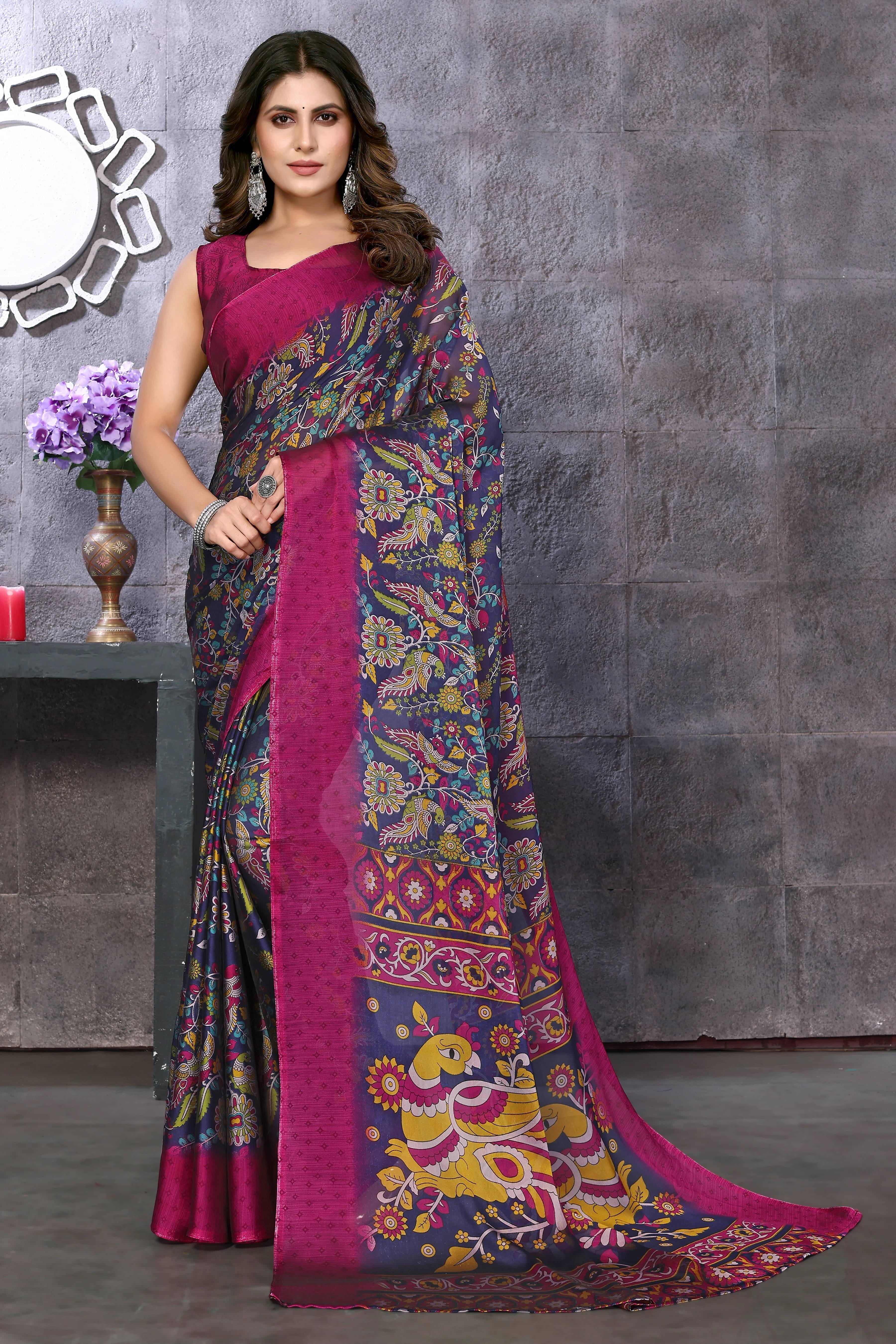 Yashika Silk Printed Regular Saree With Unstitched Blouse Piece ( Purple ) Yashika Silk Printed Regular Saree With Unstitched Blouse Piece ( Purple )