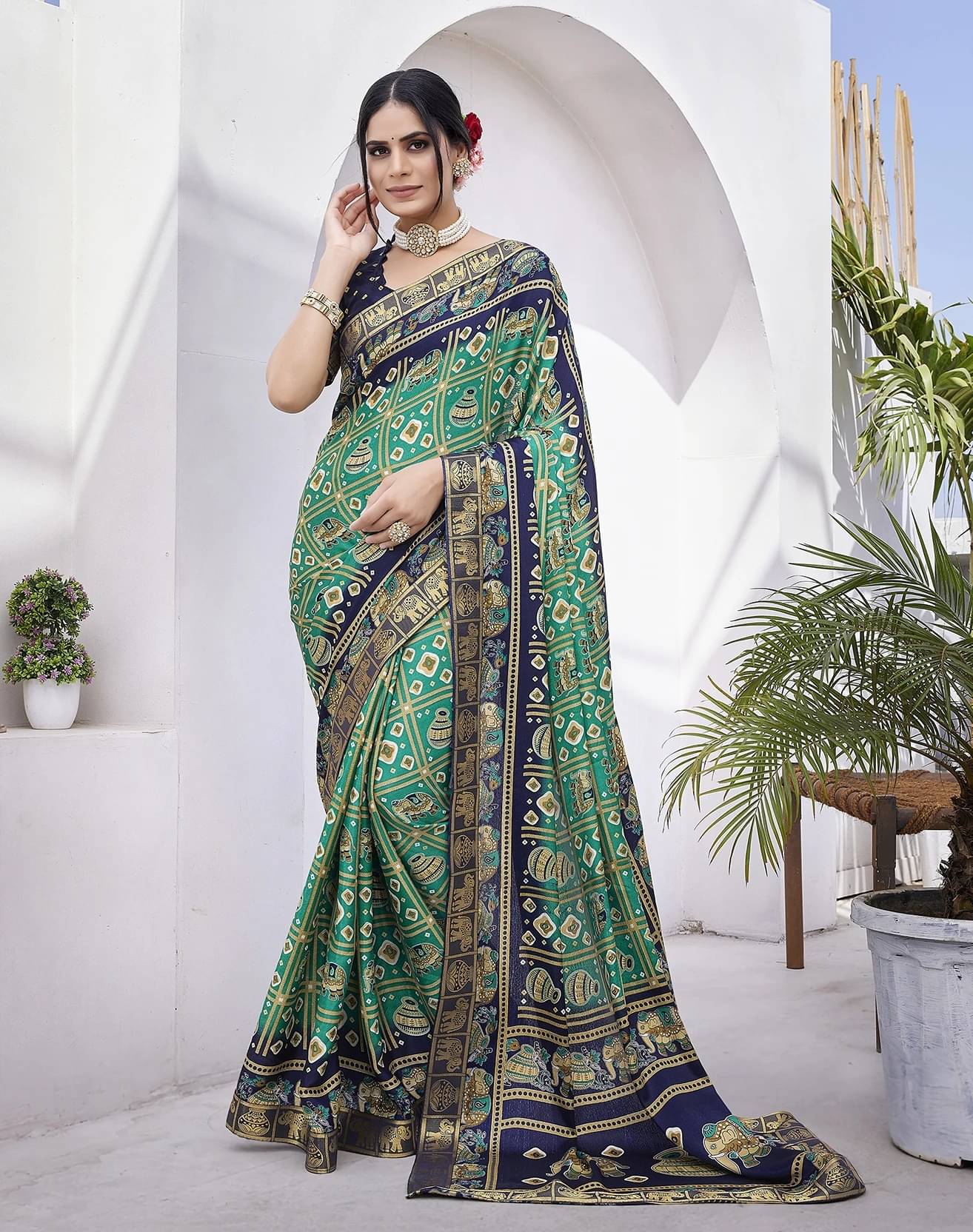     			Yashika Silk Printed Regular Saree With Unstitched Blouse Piece ( Blue )