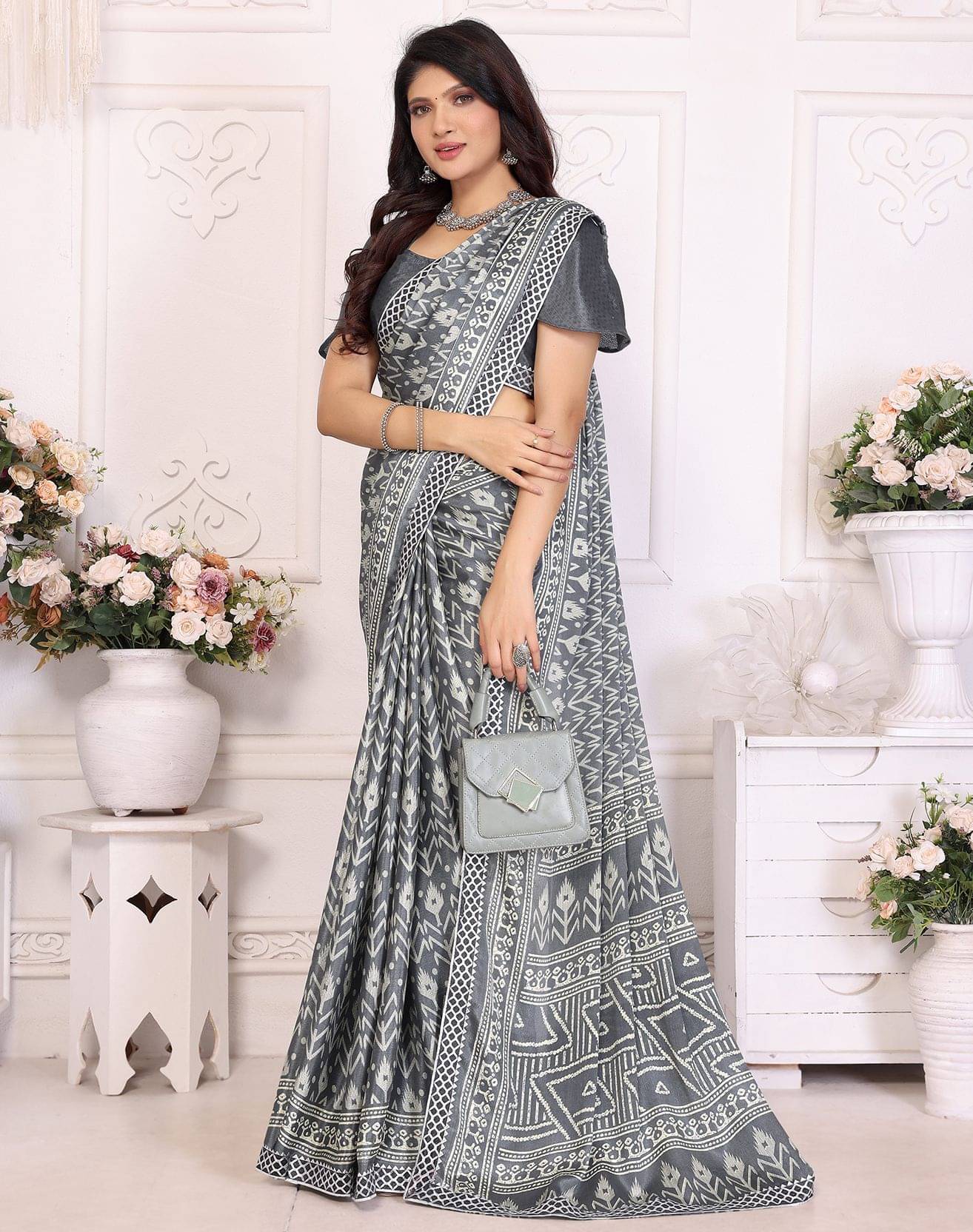 Yashika Silk Printed Regular Saree With Unstitched Blouse Piece ( Grey ) Yashika Silk Printed Regular Saree With Unstitched Blouse Piece ( Grey )