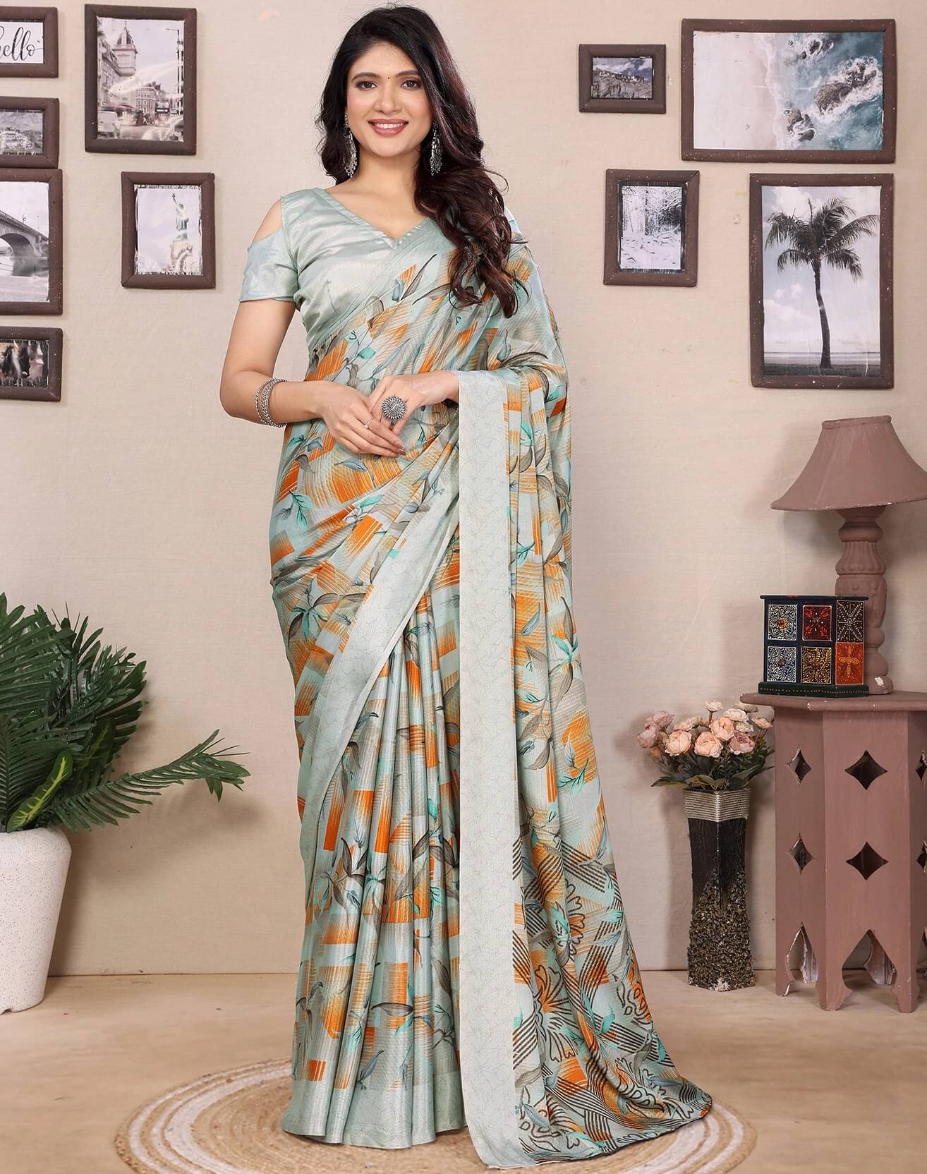     			Yashika Silk Printed Regular Saree With Unstitched Blouse Piece ( Grey )