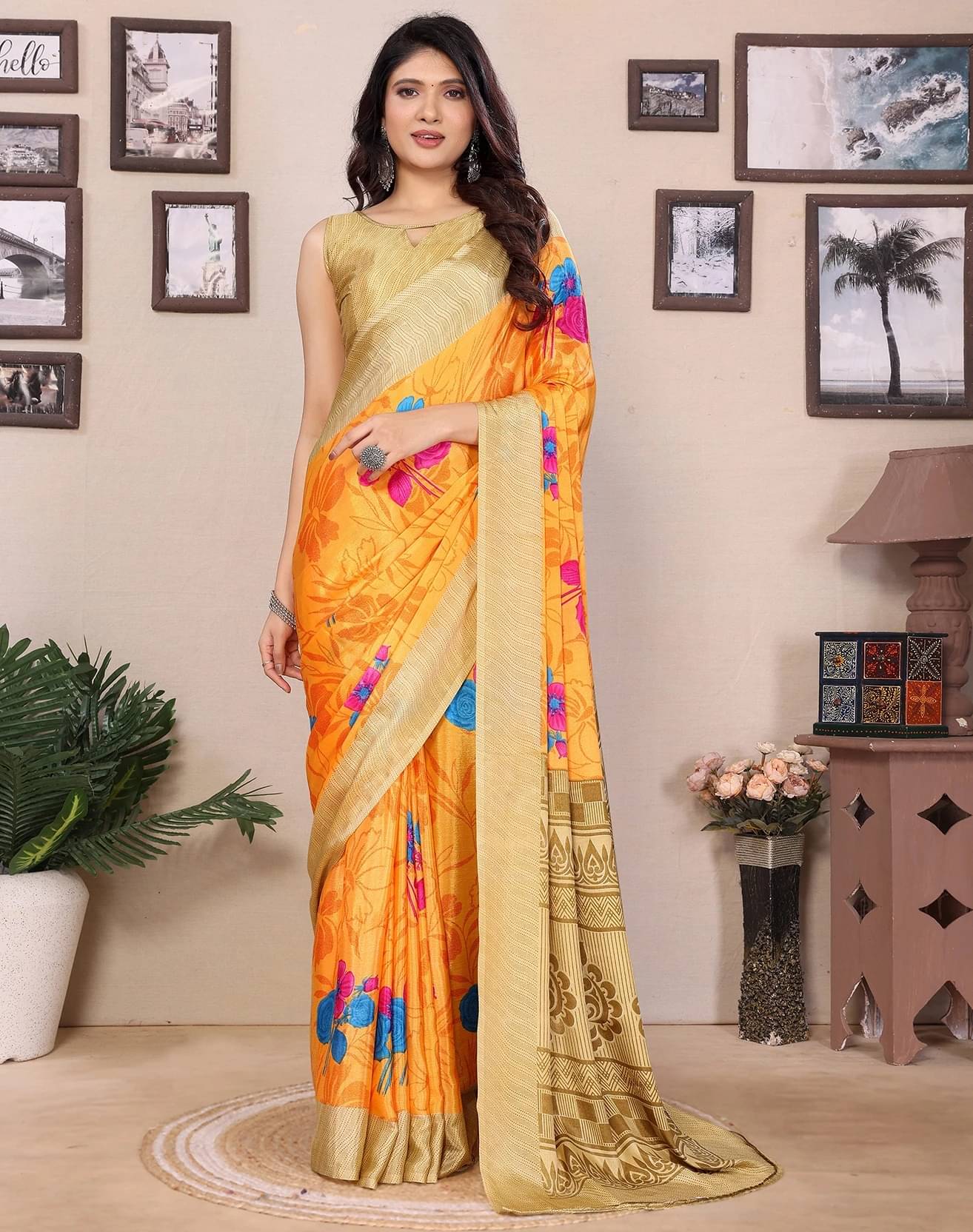     			Yashika Silk Printed Regular Saree With Unstitched Blouse Piece ( Orange )