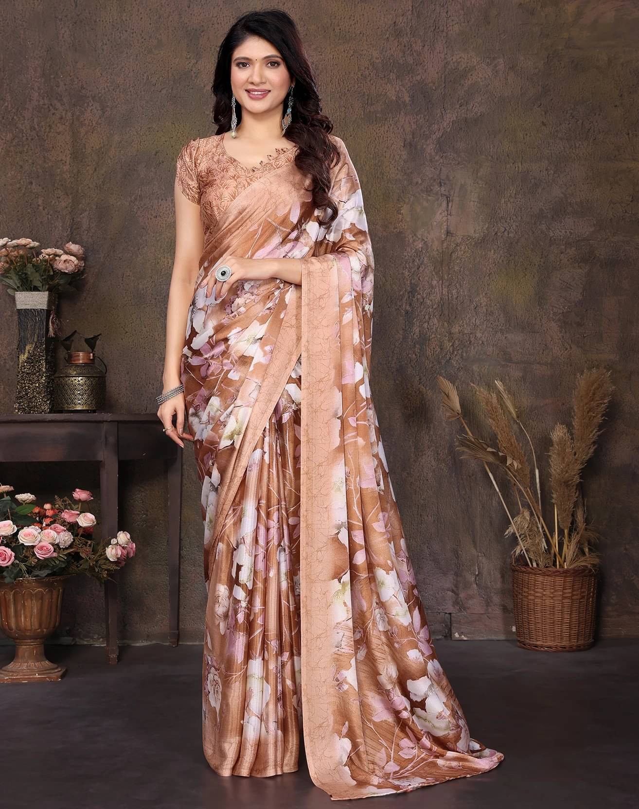 Yashika Silk Printed Regular Saree With Unstitched Blouse Piece ( Brown ) Yashika Silk Printed Regular Saree With Unstitched Blouse Piece ( Brown )