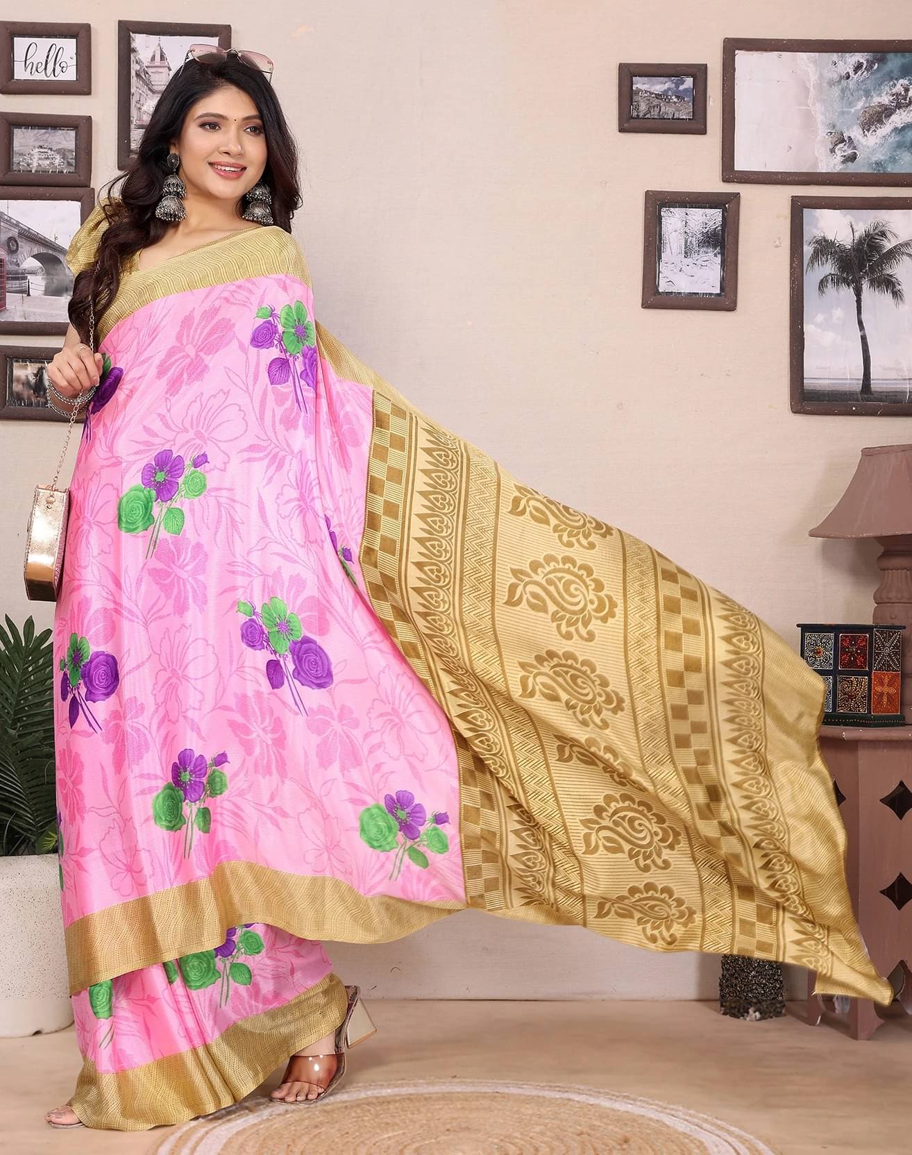 Yashika Silk Printed Regular Saree With Unstitched Blouse Piece ( Pink ) Yashika Silk Printed Regular Saree With Unstitched Blouse Piece ( Pink )