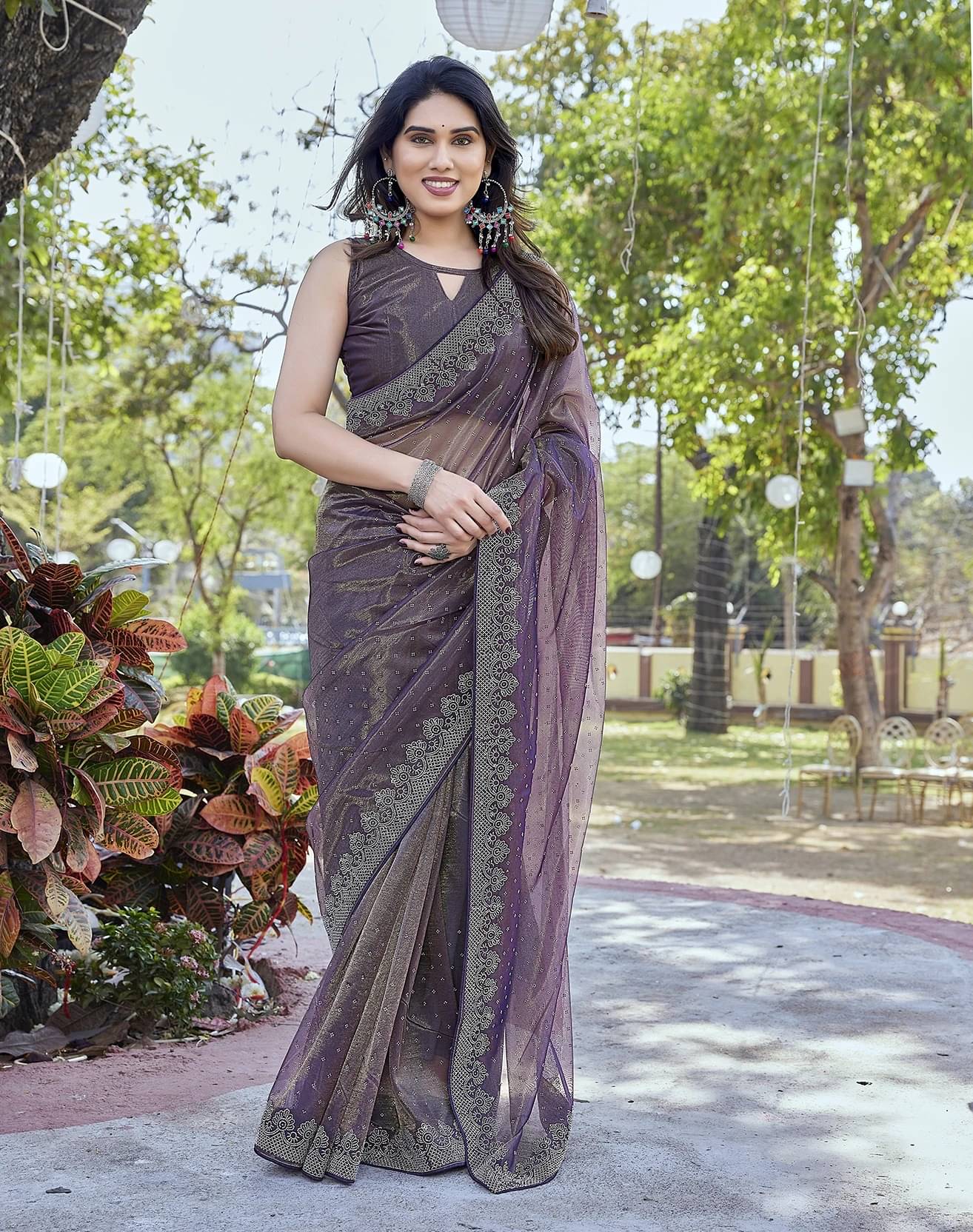 Yashika Tissue Printed Regular Saree With Unstitched Blouse Piece ( Purple ) Yashika Tissue Printed Regular Saree With Unstitched Blouse Piece ( Purple )