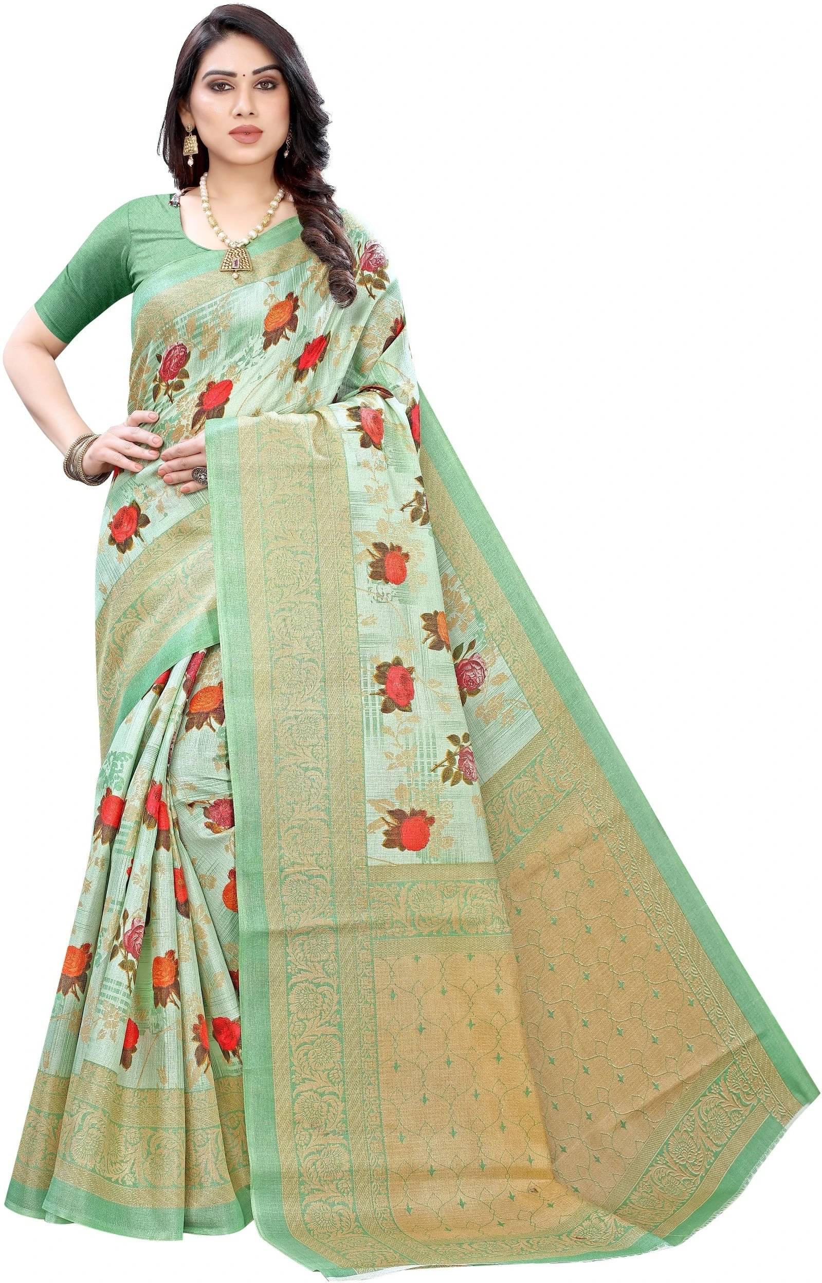     			Yashika Viscose Printed Regular Saree With Unstitched Blouse Piece ( Green )