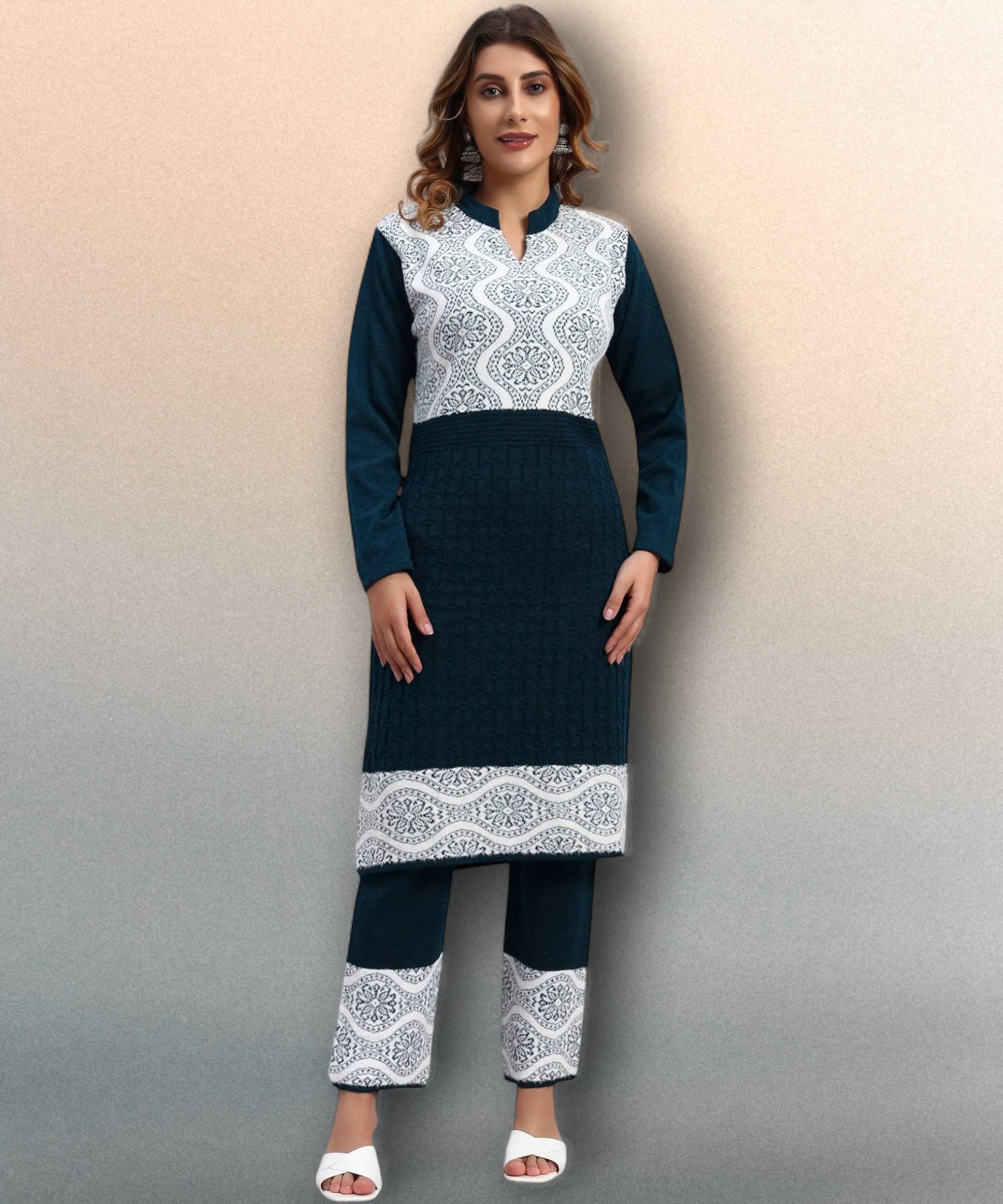 ZEPPI Women Woollen Self Design Straight Kurti With Palazzo ( Blue ) ZEPPI Women Woollen Self Design Straight Kurti With Palazzo ( Blue )