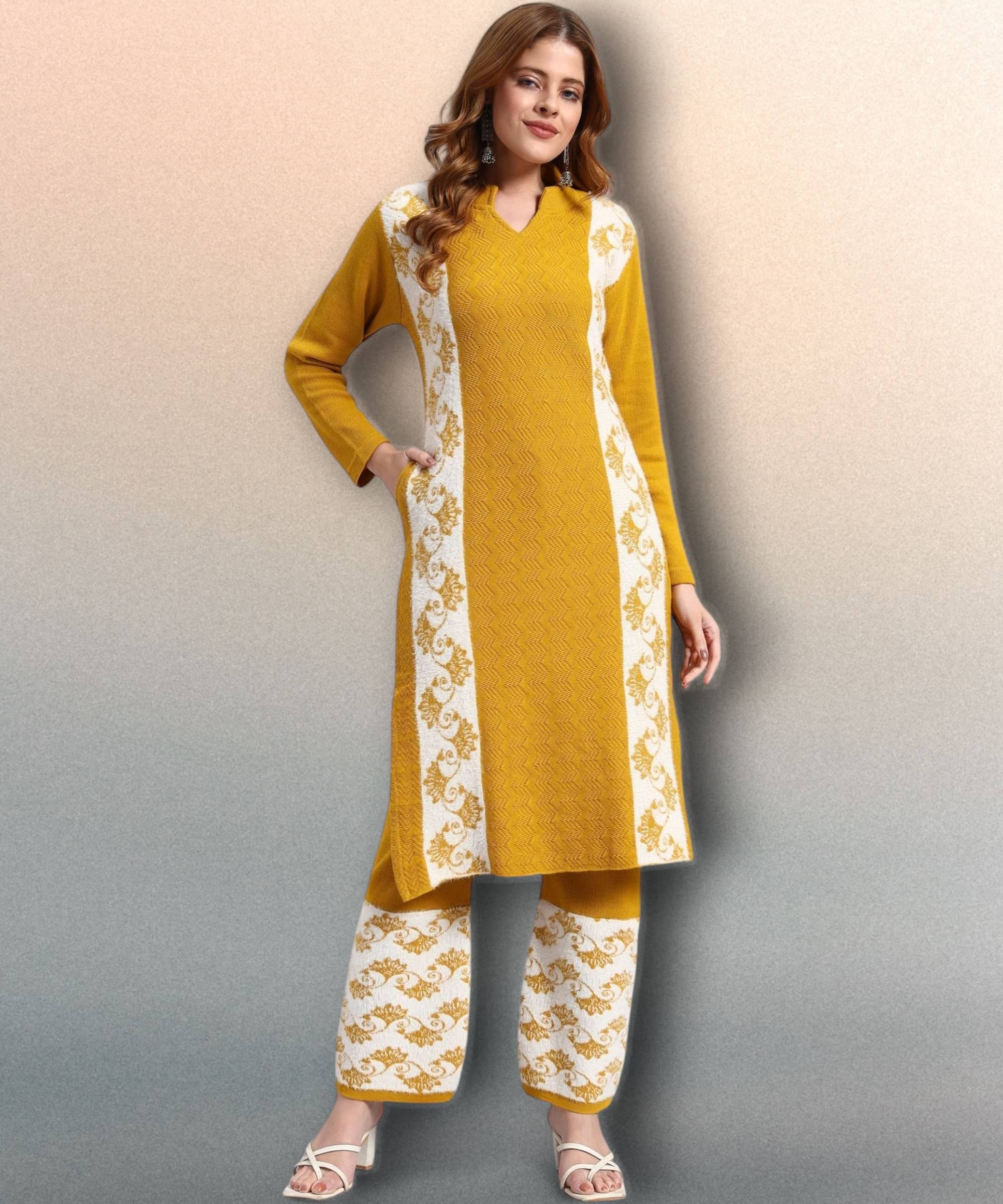 ZEPPI Women Woollen Self Design Straight Kurti With Palazzo ( Mustard ) ZEPPI Women Woollen Self Design Straight Kurti With Palazzo ( Mustard )
