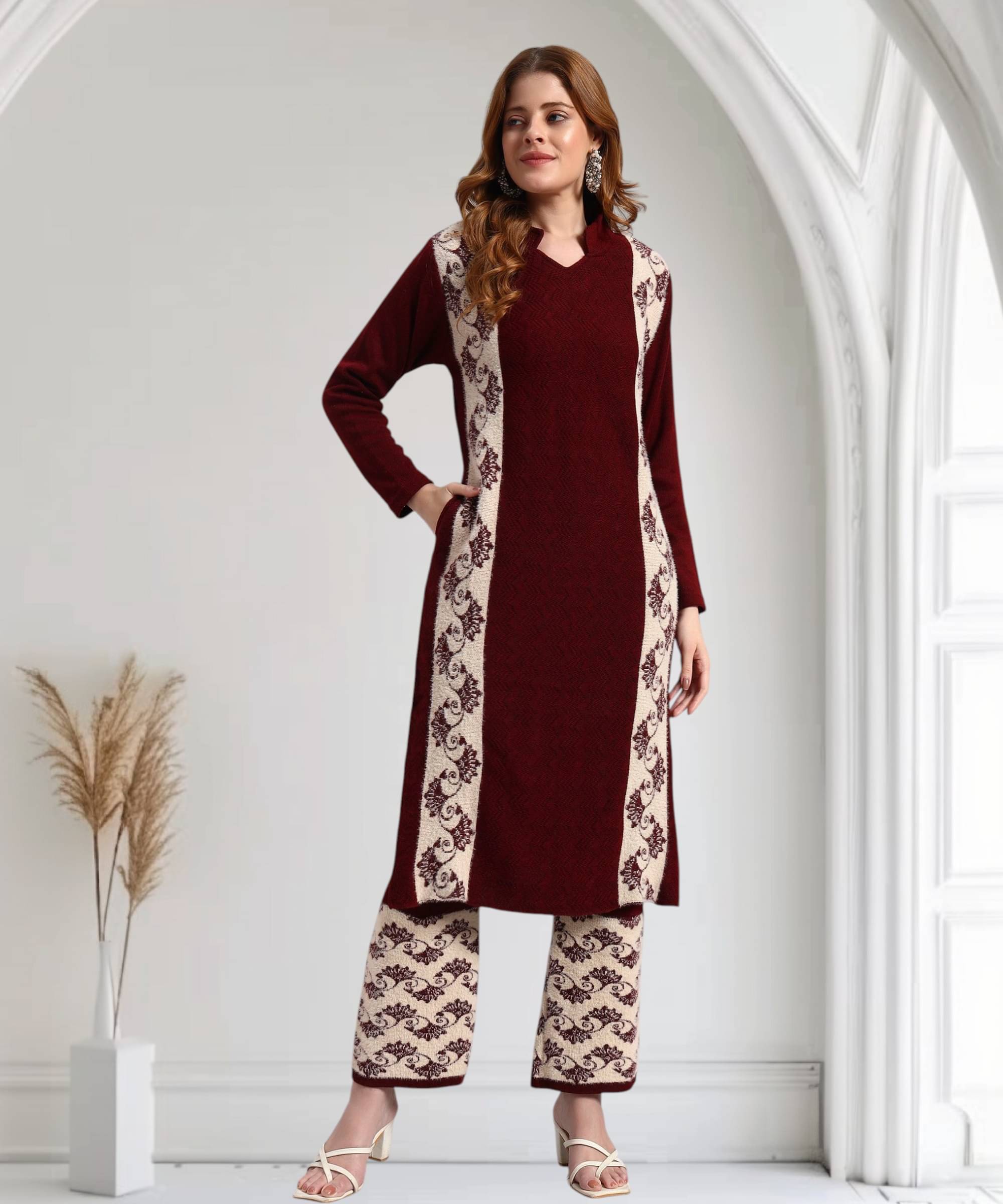     			ZEPPI Women Woollen Self Design Straight Kurti With Palazzo ( Wine )