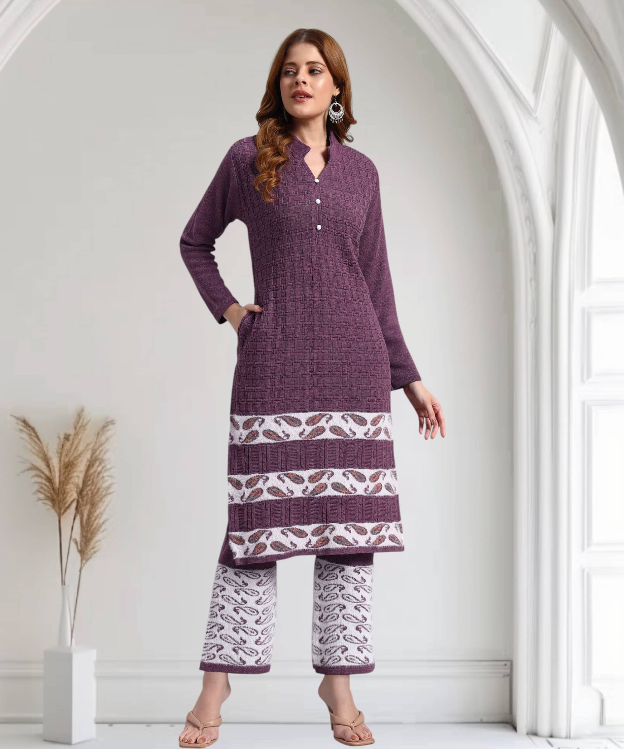 ZEPPI Women Woollen Self Design Straight Kurti With Palazzo ( Lavender ) ZEPPI Women Woollen Self Design Straight Kurti With Palazzo ( Lavender )