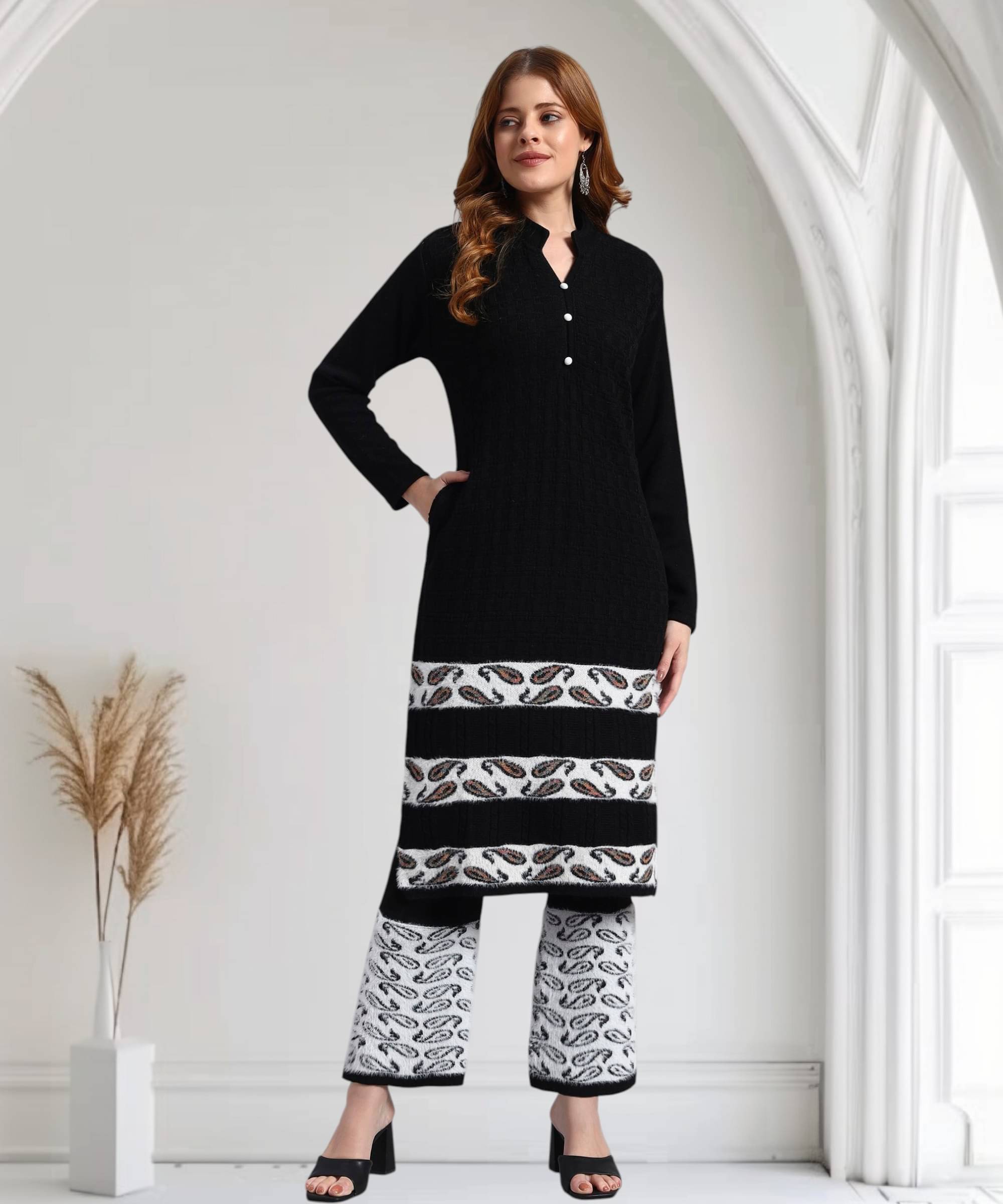 ZEPPI Women Woollen Self Design Straight Kurti With Palazzo ( Black ) ZEPPI Women Woollen Self Design Straight Kurti With Palazzo ( Black )