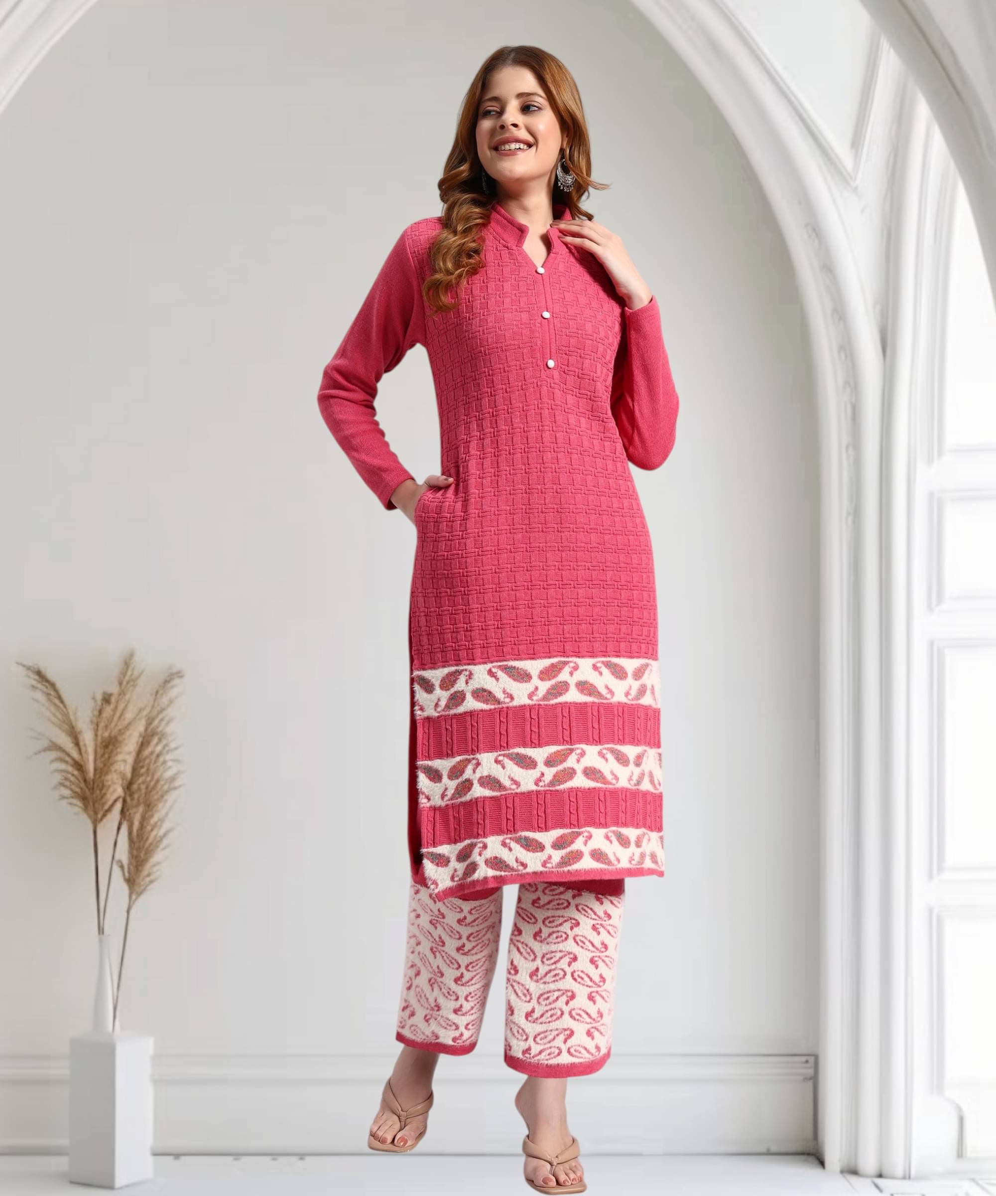     			ZEPPI Women Woollen Self Design Straight Kurti With Palazzo ( Red )