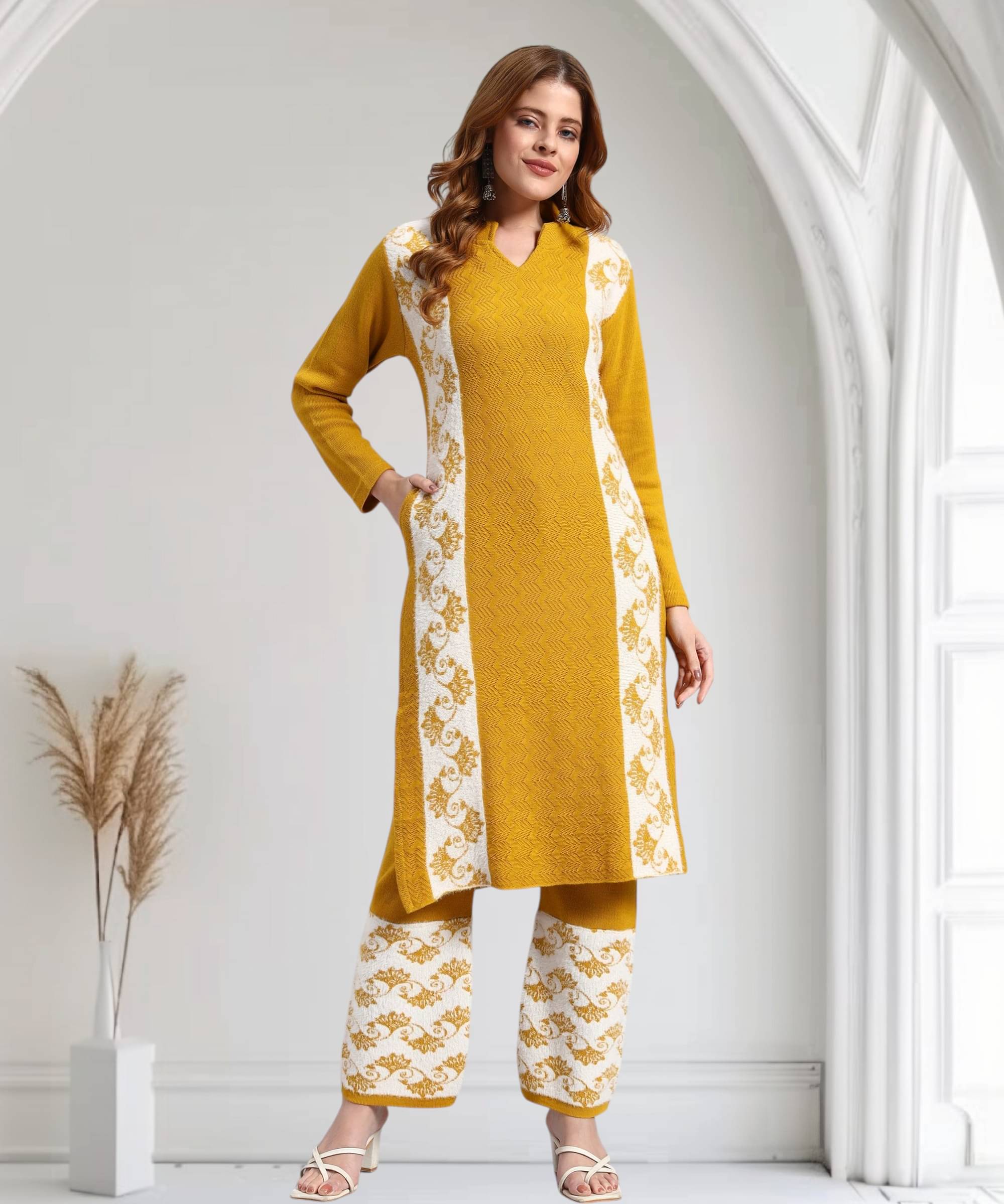     			ZEPPI Women Woollen Self Design Straight Kurti With Palazzo ( Mustard )
