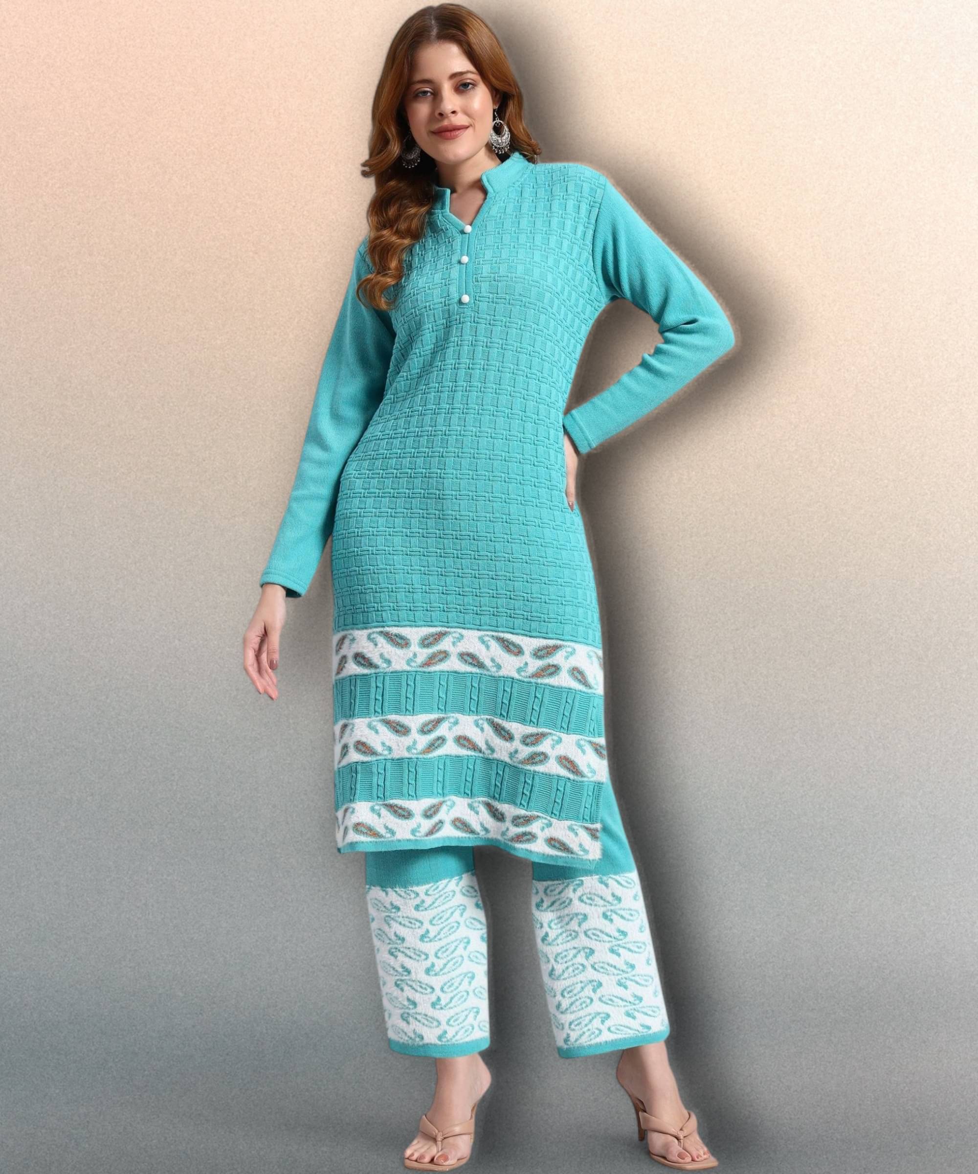     			ZEPPI Women Woollen Self Design Straight Kurti With Palazzo ( Light Blue )