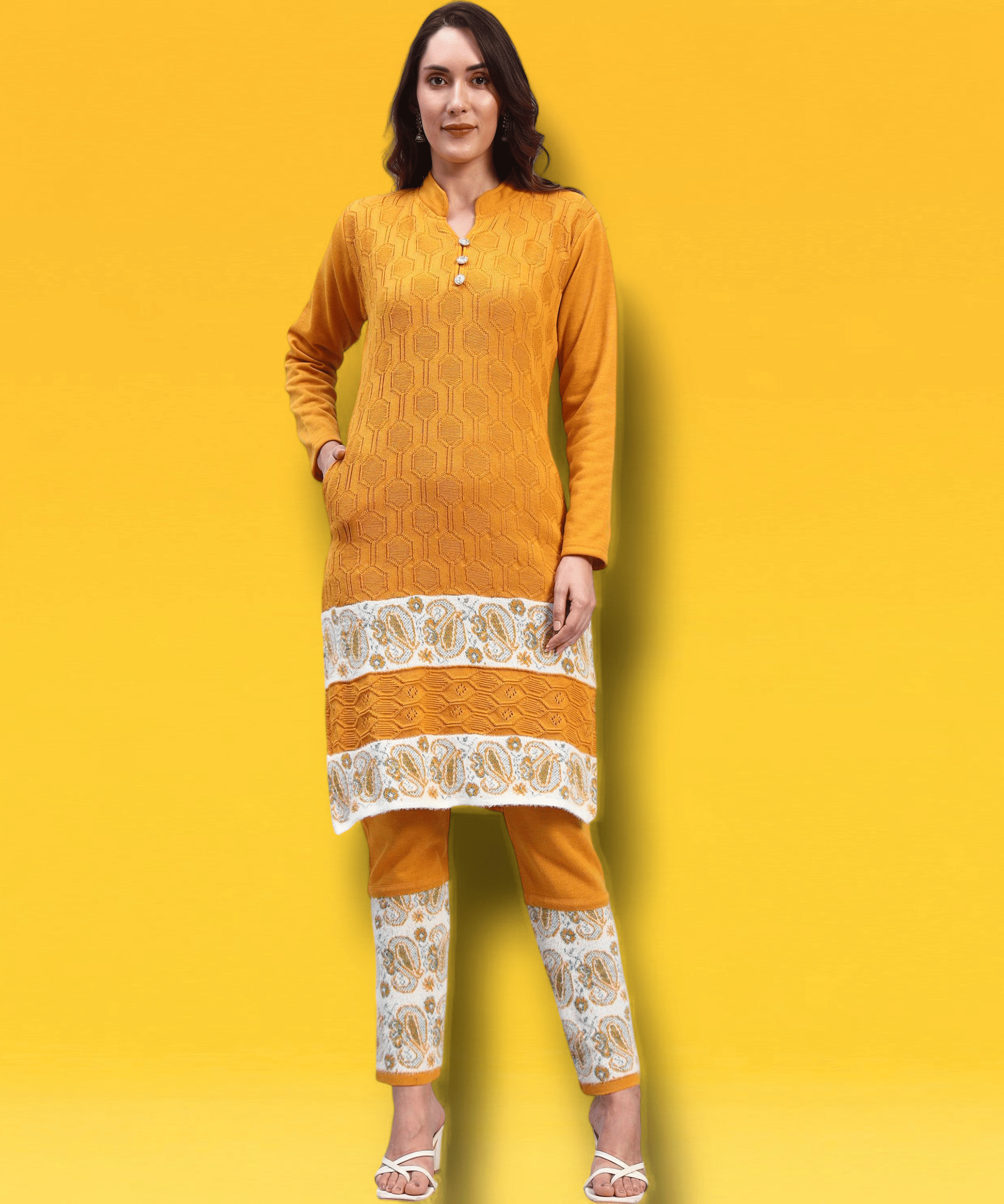     			ZEPPI Women Woollen Self Design Straight Kurti With Palazzo ( Mustard )