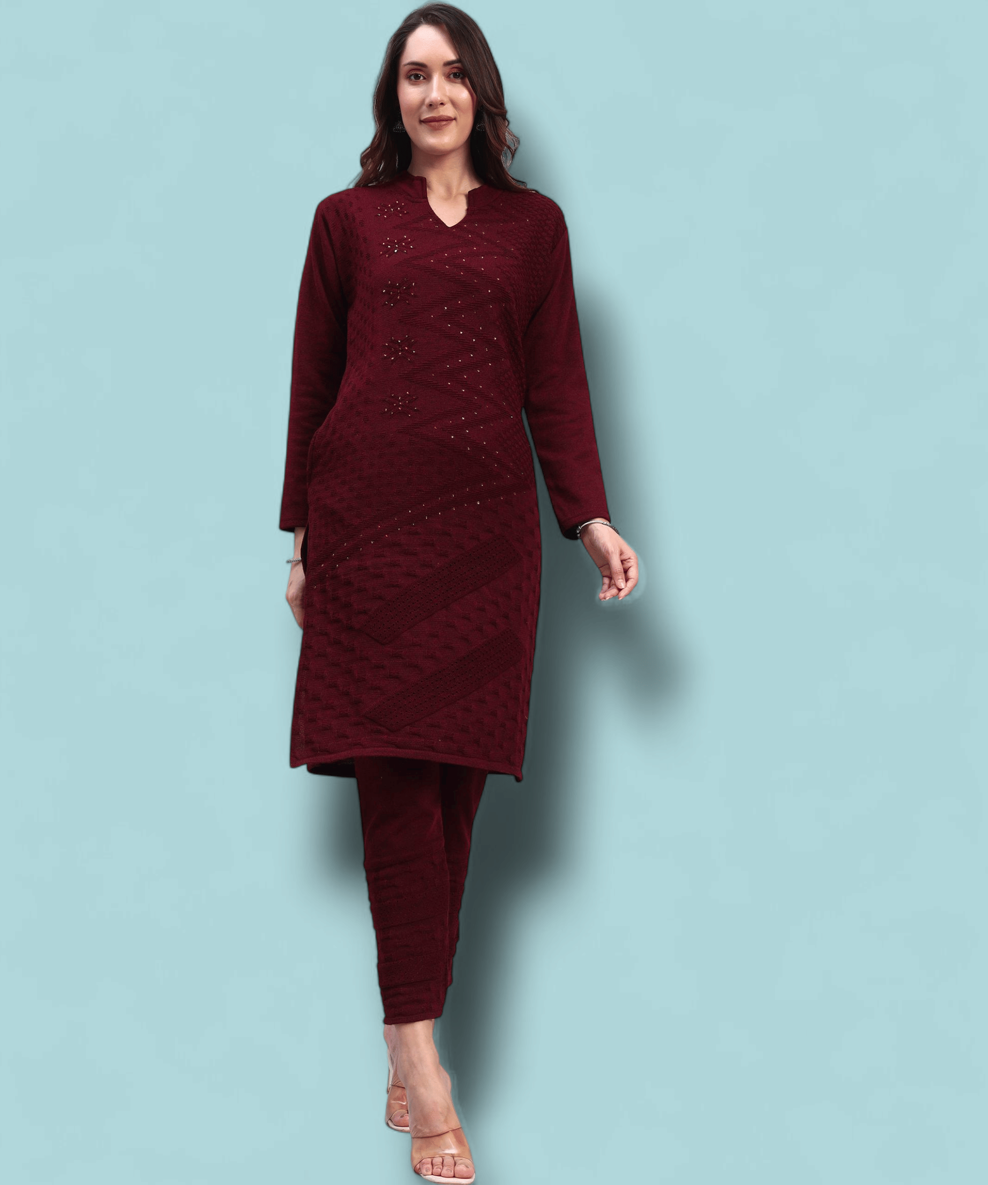ZEPPI Women Woollen Self Design Straight Kurti With Palazzo ( Maroon )     			ZEPPI Women Woollen Self Design Straight Kurti With Palazzo ( Maroon )