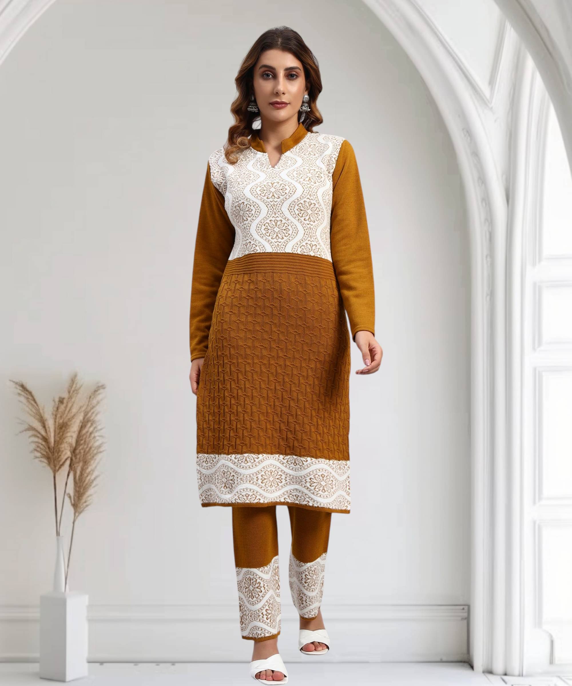     			ZEPPI Women Woollen Self Design Straight Kurti With Palazzo ( Mustard )