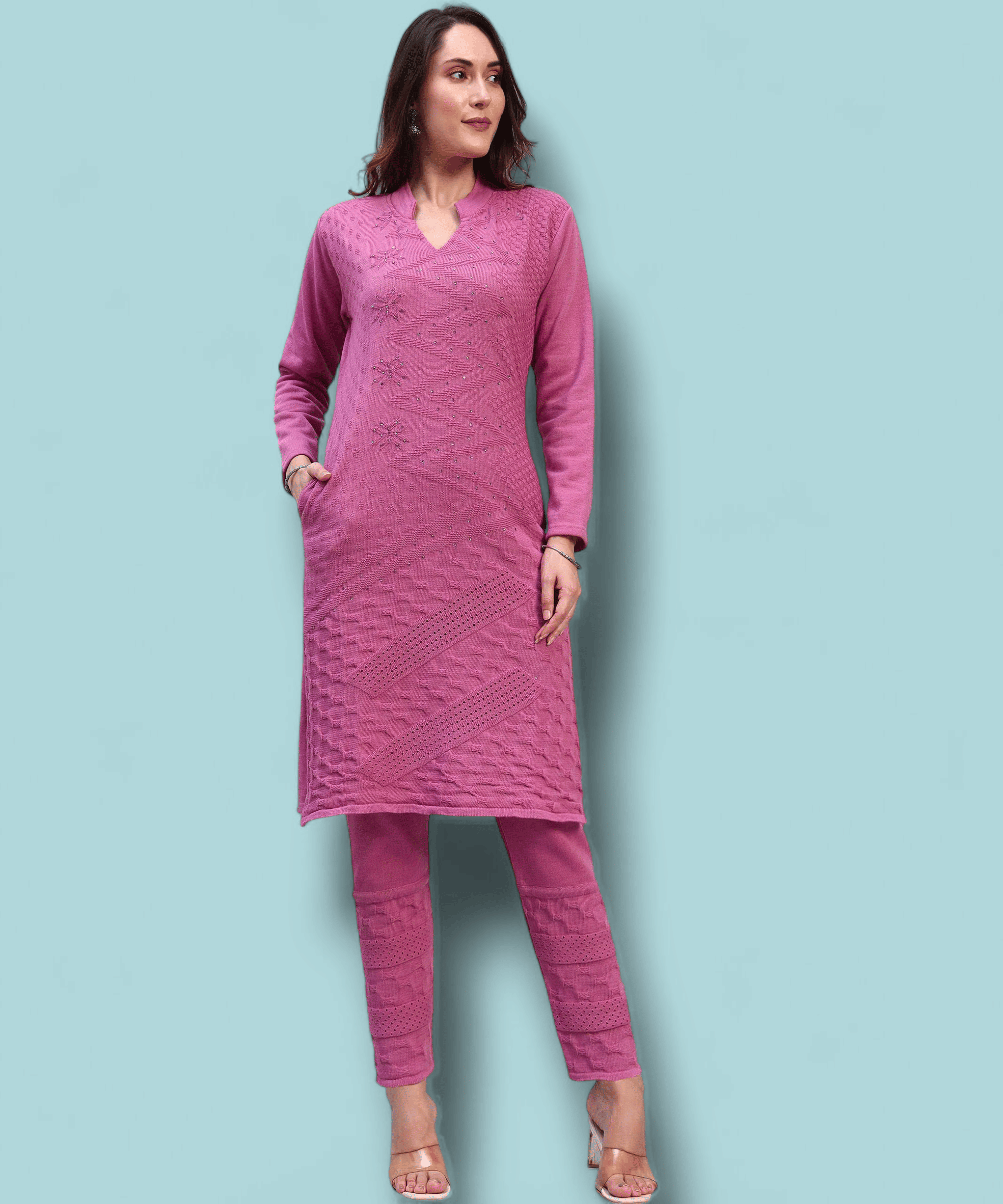     			ZEPPI Women Woollen Self Design Straight Kurti With Palazzo ( Magenta )