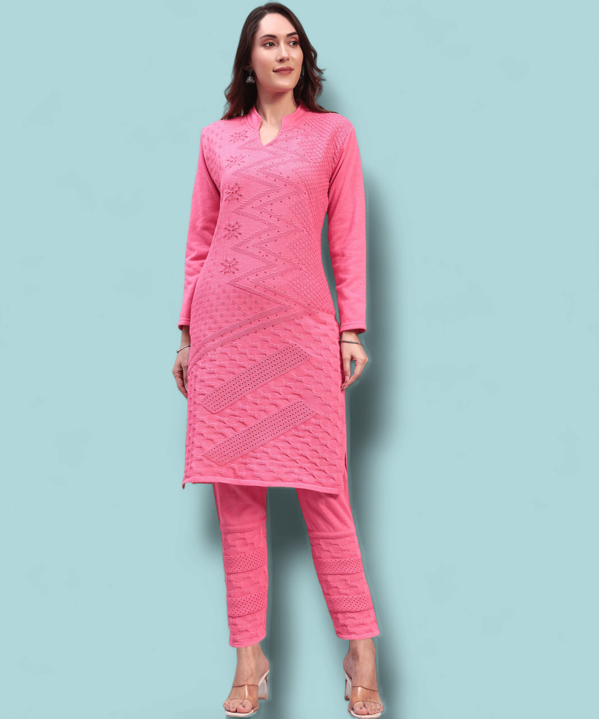 ZEPPI Women Woollen Self Design Straight Kurti With Palazzo ( Pink ) ZEPPI Women Woollen Self Design Straight Kurti With Palazzo ( Pink )
