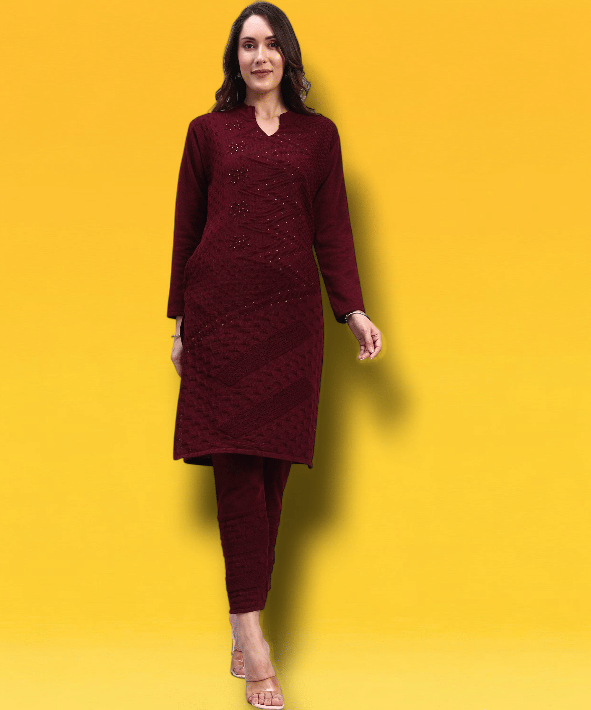     			ZEPPI Women Woollen Self Design Straight Kurti With Palazzo ( Maroon )