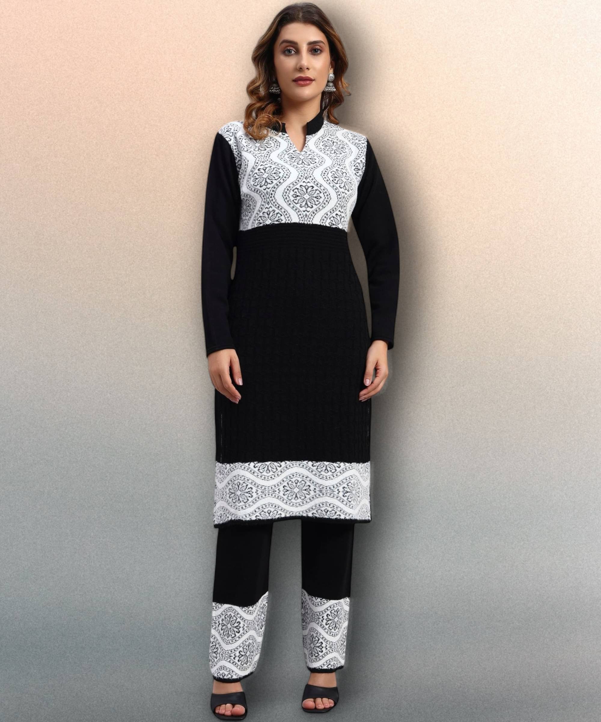     			ZEPPI Women Woollen Self Design Straight Kurti With Palazzo ( Black )