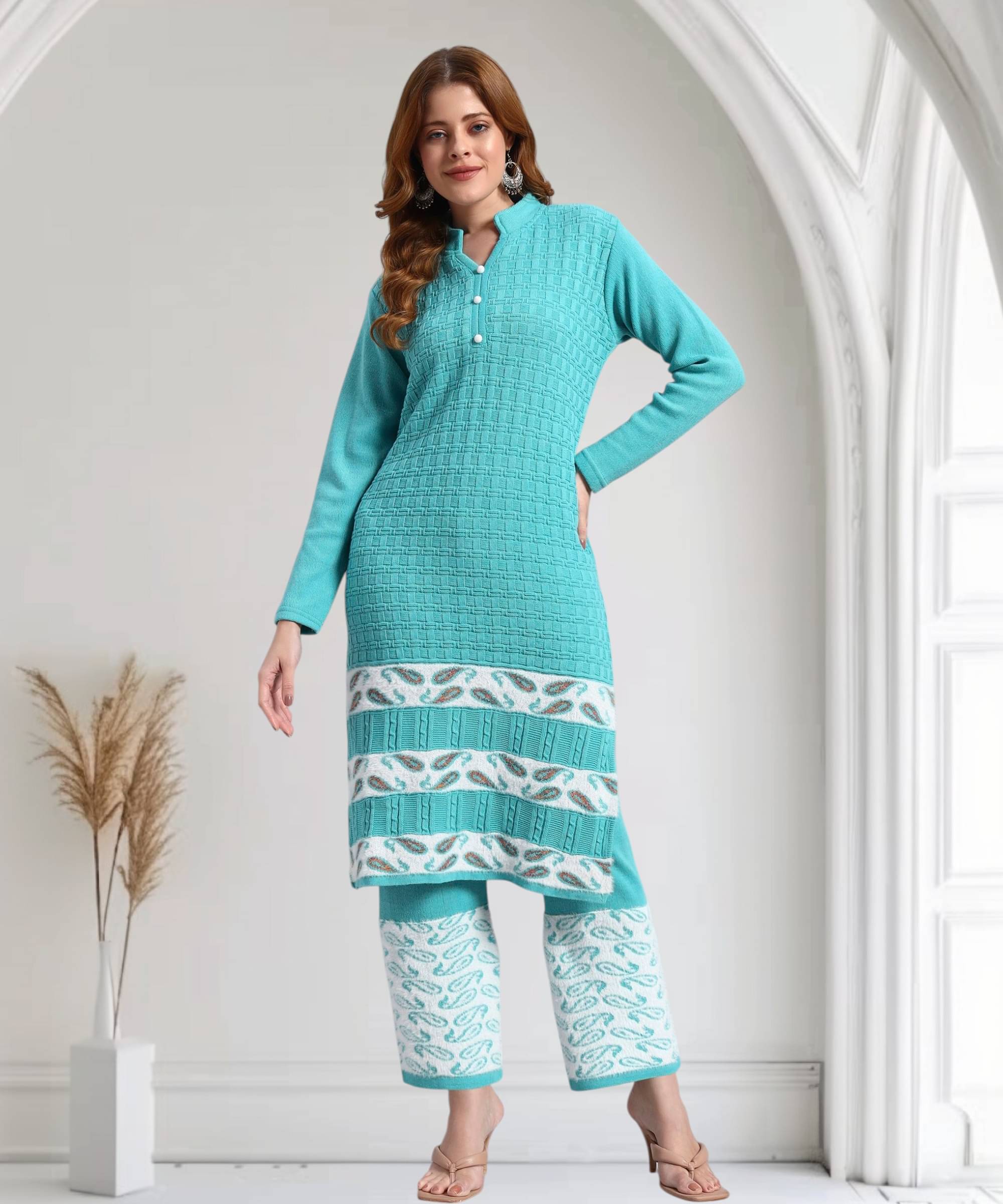     			ZEPPI Women Woollen Self Design Straight Kurti With Palazzo ( Light Blue )