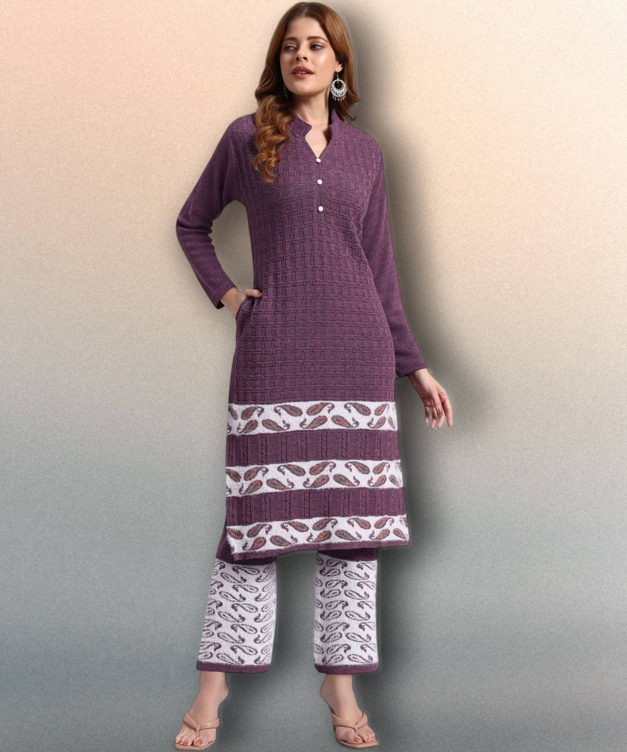     			ZEPPI Women Woollen Self Design Straight Kurti With Palazzo ( Lavender )